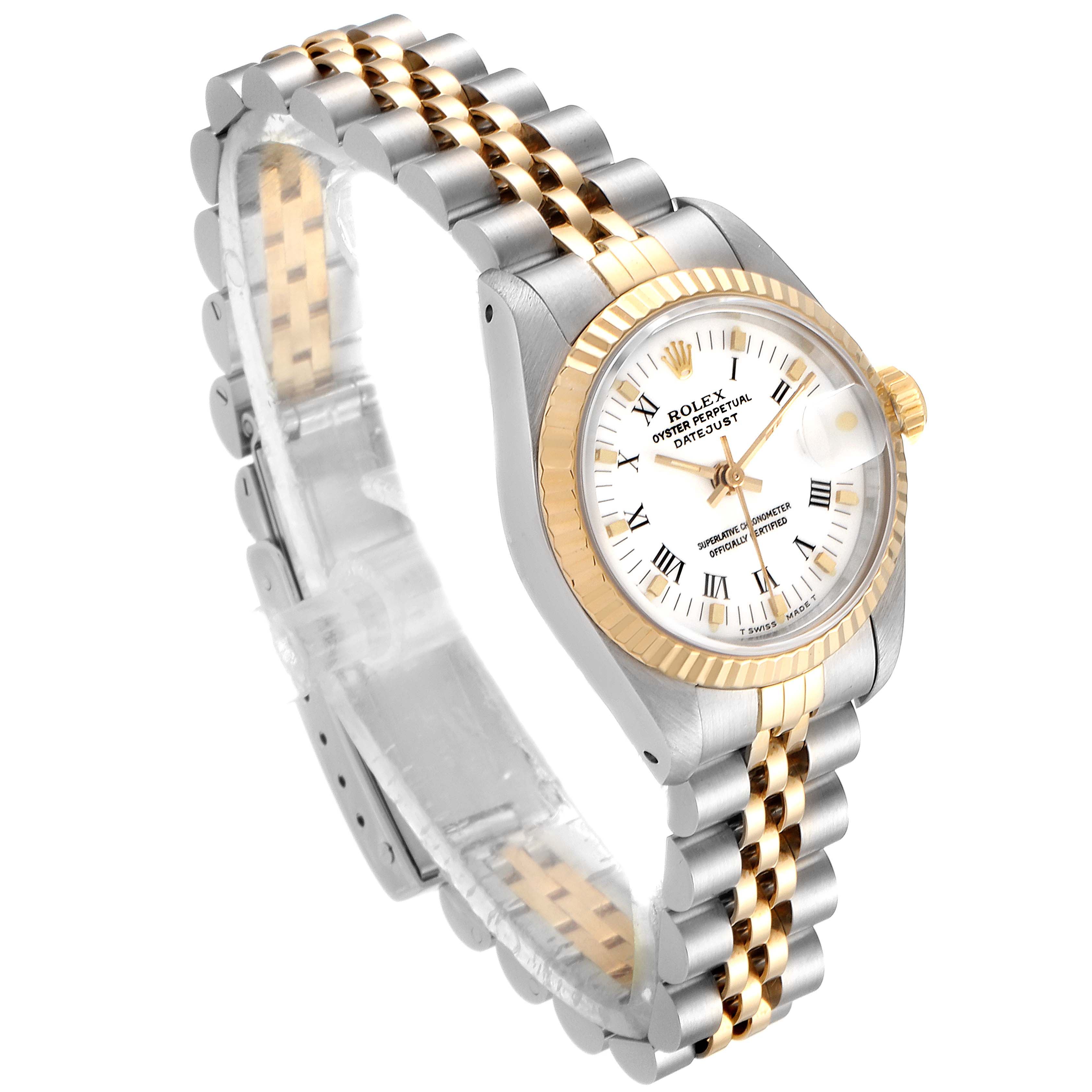 This image shows a Rolex Datejust 69173 Women's Steel and Gold (two tone) White Dial 69173 Women's Steel and Gold (two tone) White Dial watch from a high-angled, side perspective, highlighting its dial, bezel, and Jubilee bracelet.