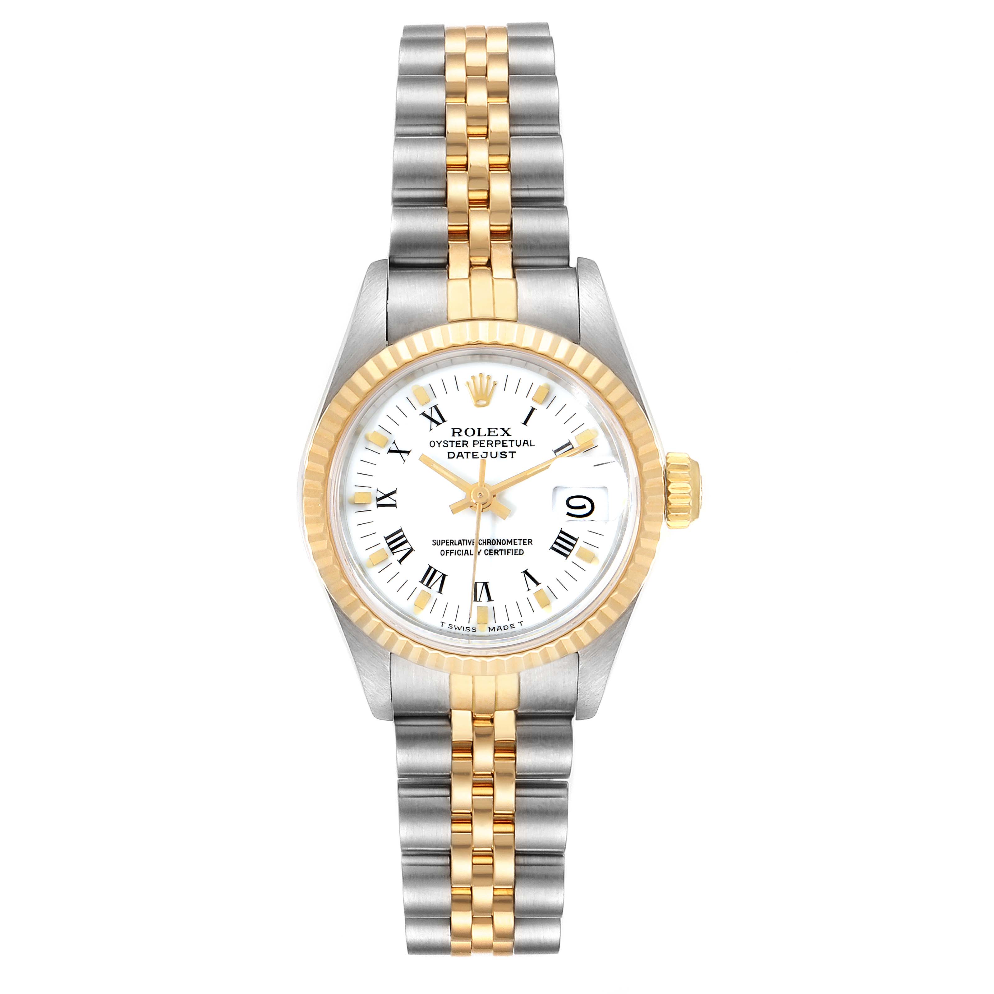 The image shows a front view of a Rolex Datejust 69173 Women's Steel and Gold (two tone) White Dial 69173 Women's Steel and Gold (two tone) White Dial watch with a gold and silver Jubilee bracelet.