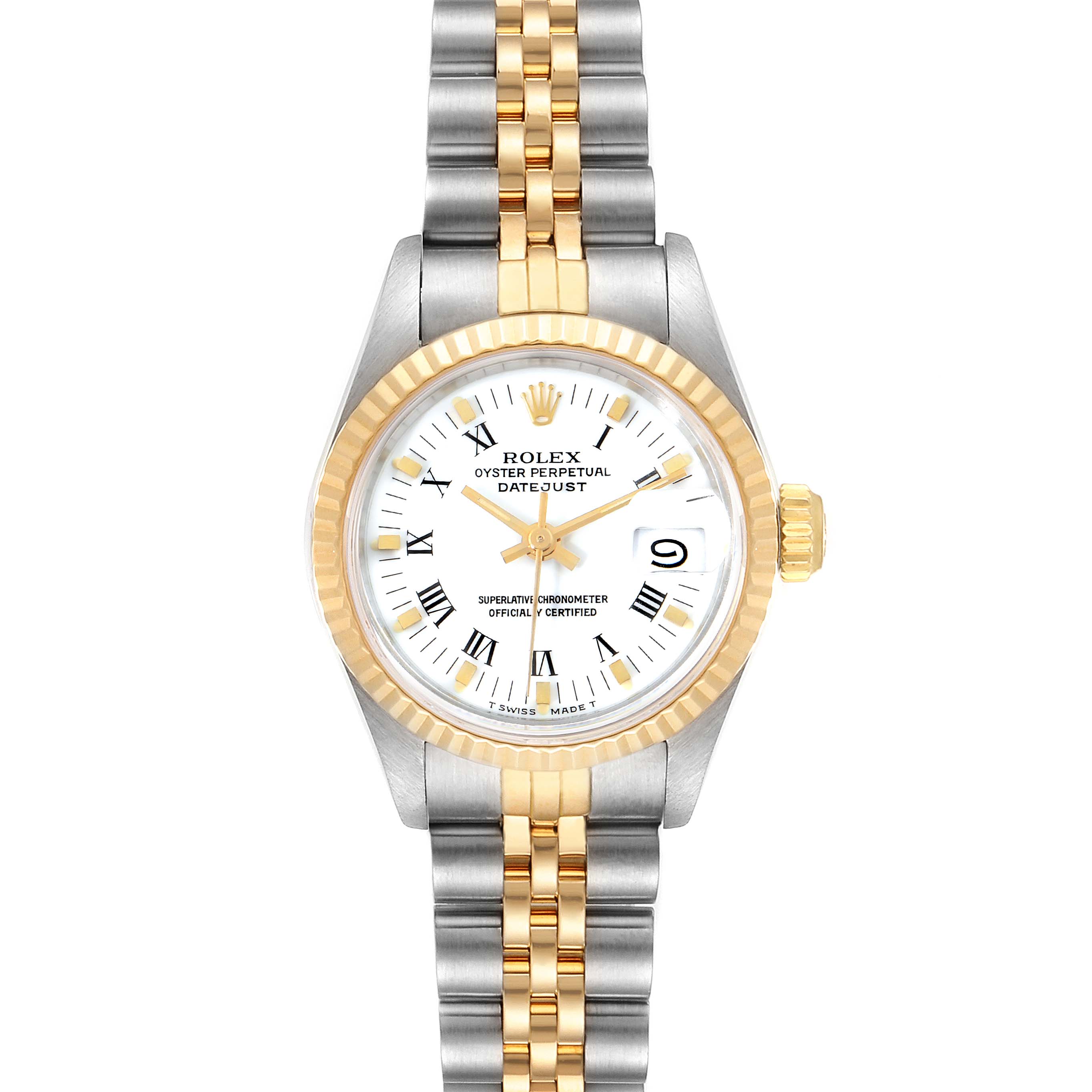 The image shows a Rolex Datejust 69173 Women's Steel and Gold (two tone) White Dial 69173 Women's Steel and Gold (two tone) White Dial watch from a top-down angle, highlighting its two-tone bracelet, bezel, and dial.
