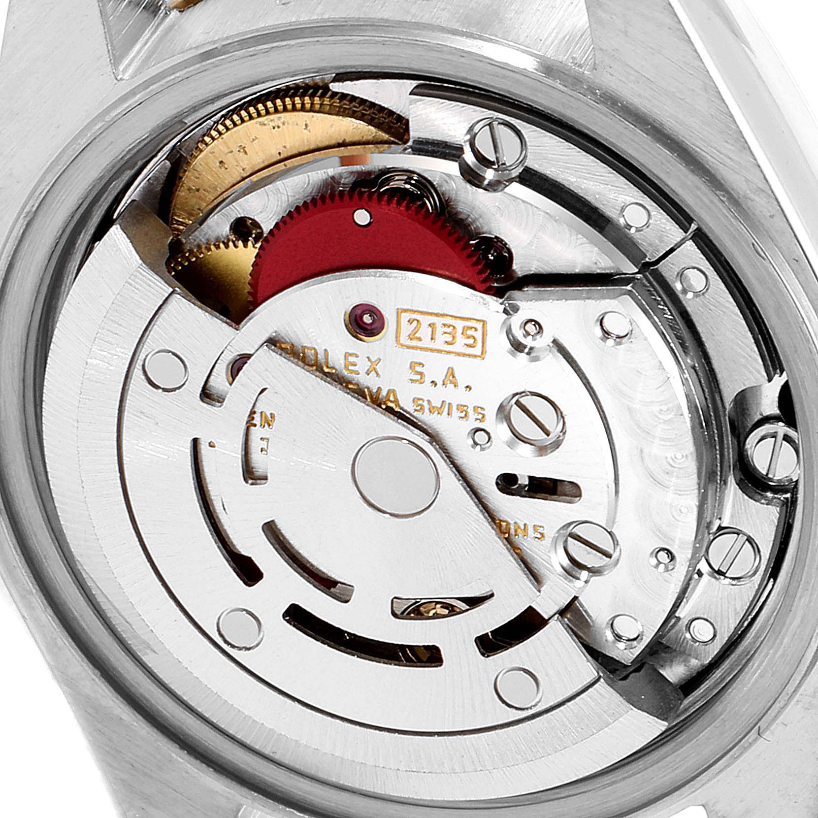 This is a close-up view of the Rolex Datejust 69173 Women's Steel and Gold (two tone) White Dial 69173 Women's Steel and Gold (two tone) White Dial movement, showing its intricate internal mechanisms.