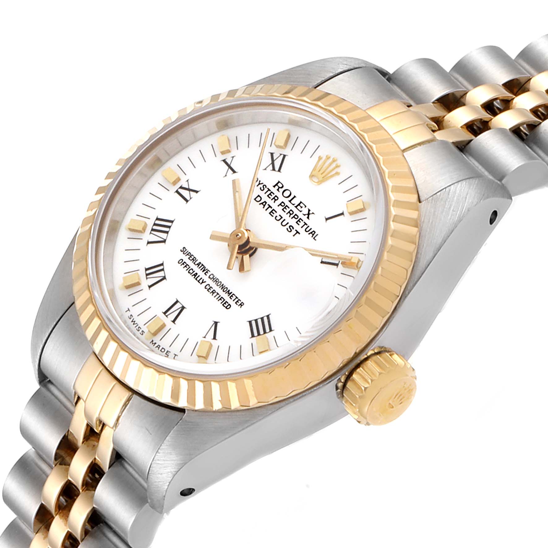 This image shows a Rolex Datejust 69173 Women's Steel and Gold (two tone) White Dial 69173 Women's Steel and Gold (two tone) White Dial watch at a tilted angle, highlighting the dial, bezel, crown, and part of the bracelet.