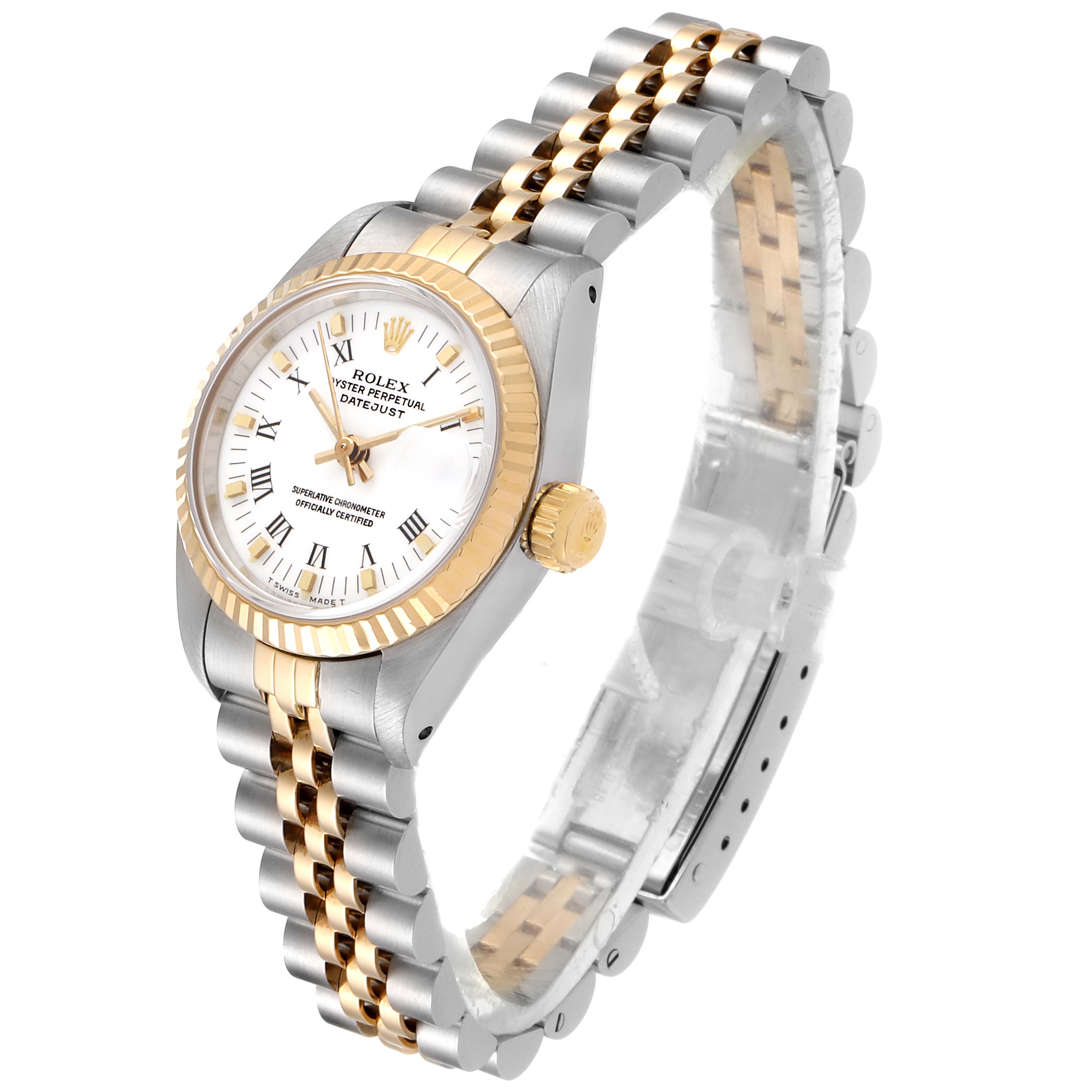 The image shows a Rolex Datejust 69173 Women's Steel and Gold (two tone) White Dial 69173 Women's Steel and Gold (two tone) White Dial watch at a three-quarter angle, highlighting its dial, bezel, crown, and jubilee bracelet.