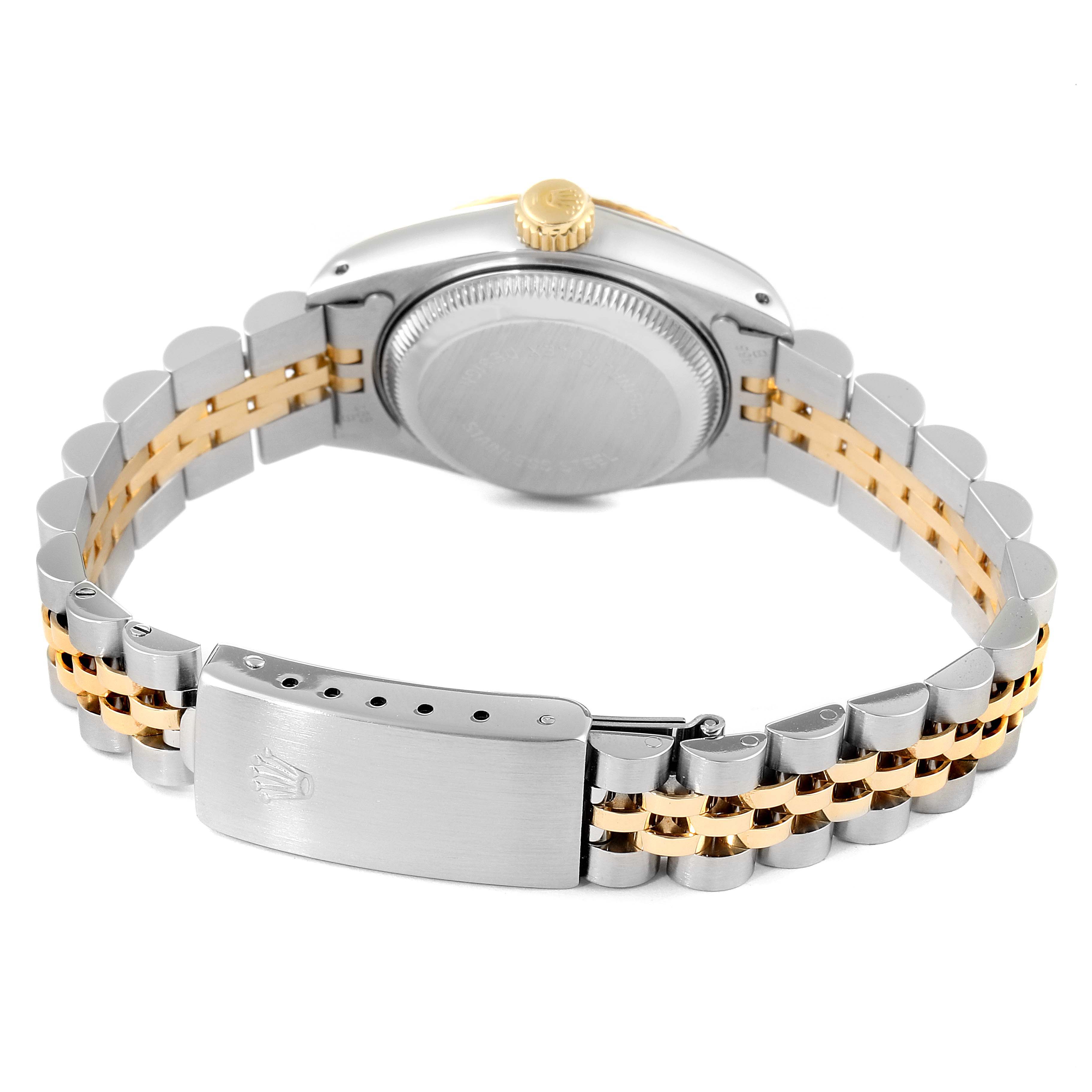 This image shows the back of a Rolex Datejust 69173 Women's Steel and Gold (two tone) White Dial 69173 Women's Steel and Gold (two tone) White Dial watch, focusing on the case back, crown, and Jubilee bracelet.