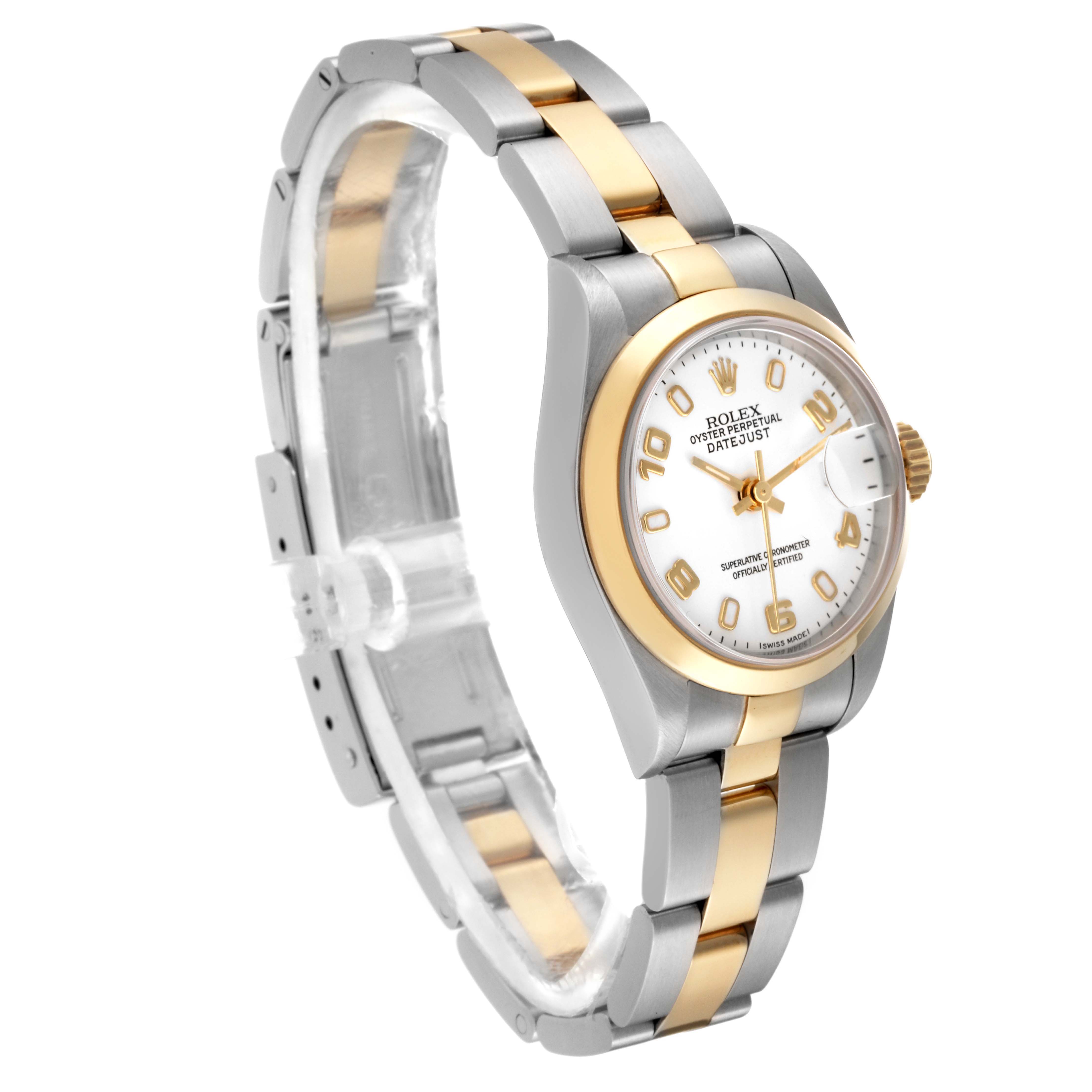 The Rolex Datejust 79163 Women
s Steel and Gold (two tone) White Dial 79163 Women
s Steel and Gold (two tone) White Dial watch is shown at a three-quarter angle, highlighting the bezel, dial, and two-tone bracelet.
