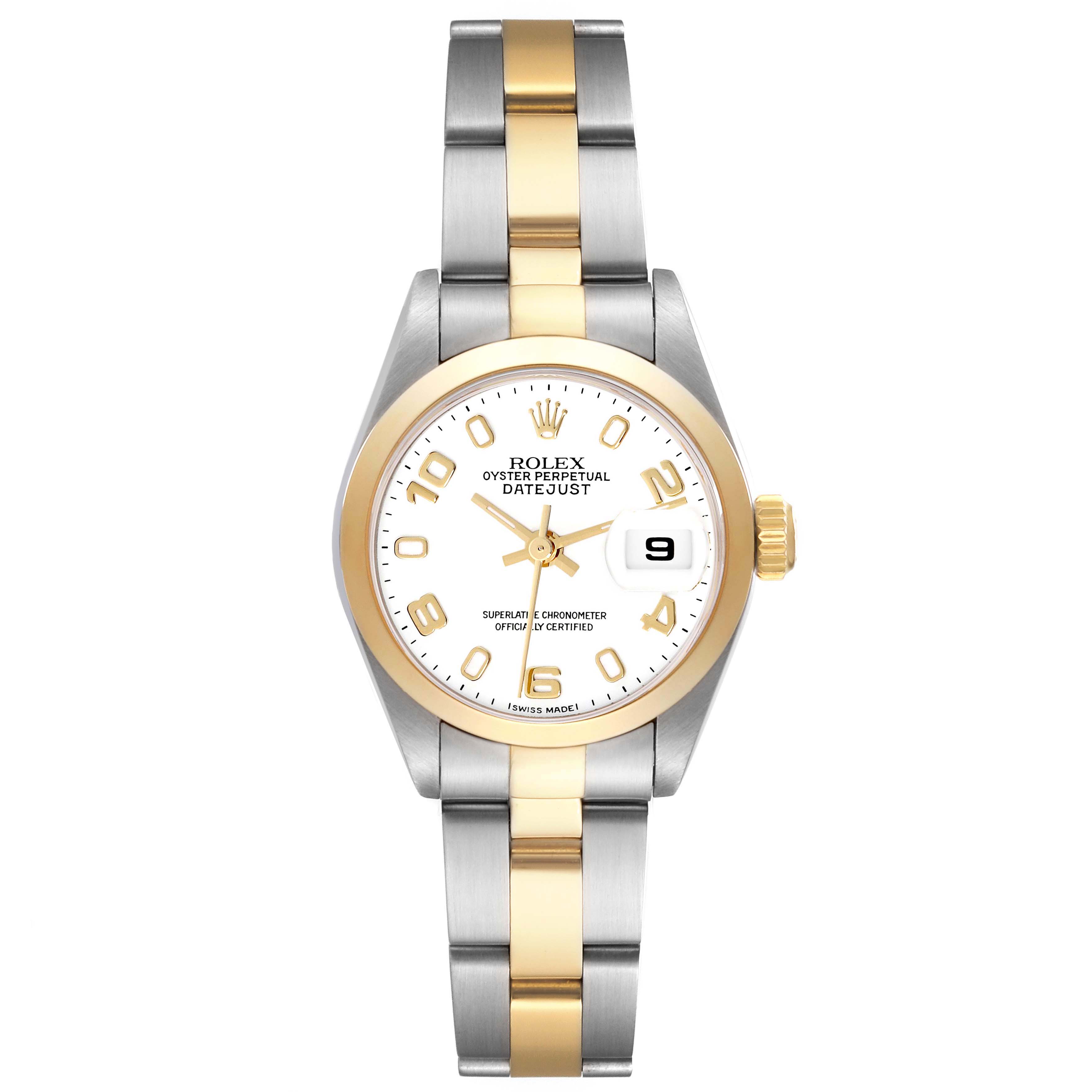 The image shows a Rolex Datejust 79163 Women
s Steel and Gold (two tone) White Dial 79163 Women
s Steel and Gold (two tone) White Dial watch from a front angle, highlighting its dial, bezel, bracelet, and date feature.