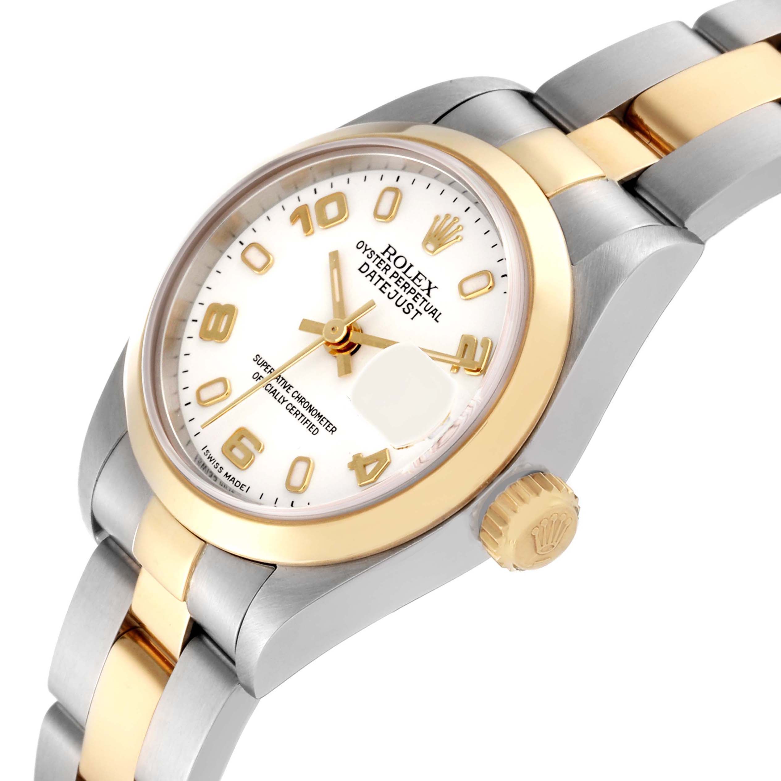 The watch, a Rolex Datejust 79163 Women
s Steel and Gold (two tone) White Dial 79163 Women
s Steel and Gold (two tone) White Dial, is shown from a side angle highlighting the dial, bezel, and part of the bracelet.
