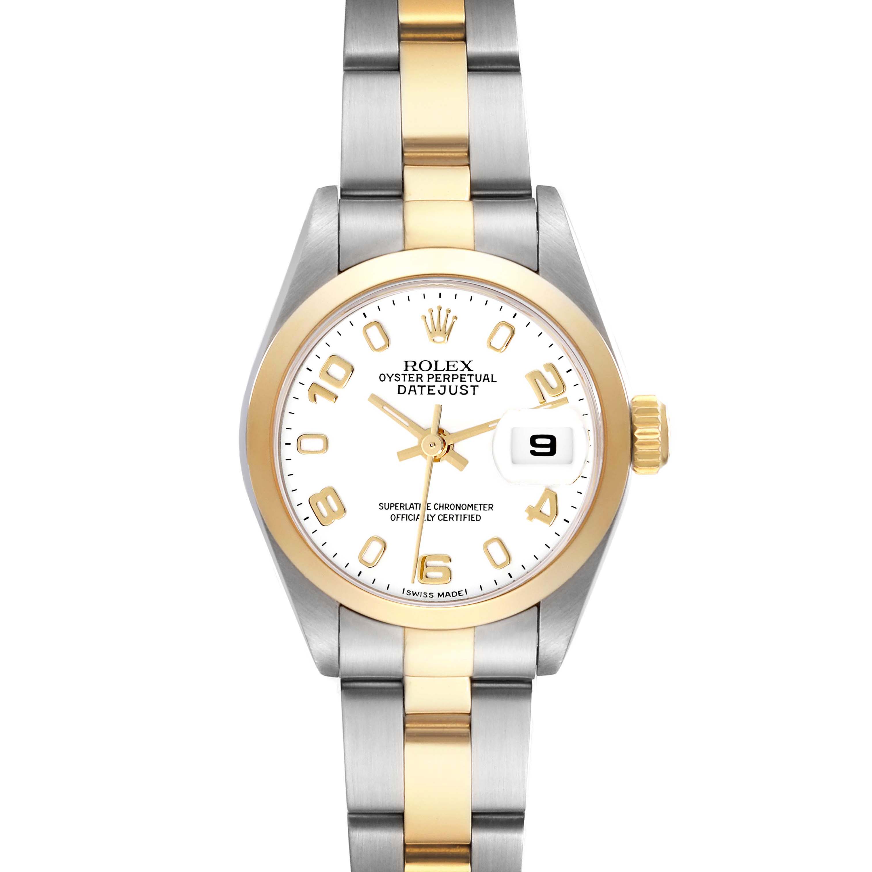 The Rolex Datejust 79163 Women
s Steel and Gold (two tone) White Dial 79163 Women
s Steel and Gold (two tone) White Dial watch is shown from the front, highlighting the dial, bezel, and two-tone bracelet.
