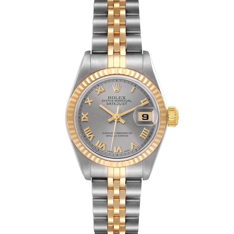 The Rolex Datejust watch is shown from the front, displaying the dial, bezel, bracelet, and date window.