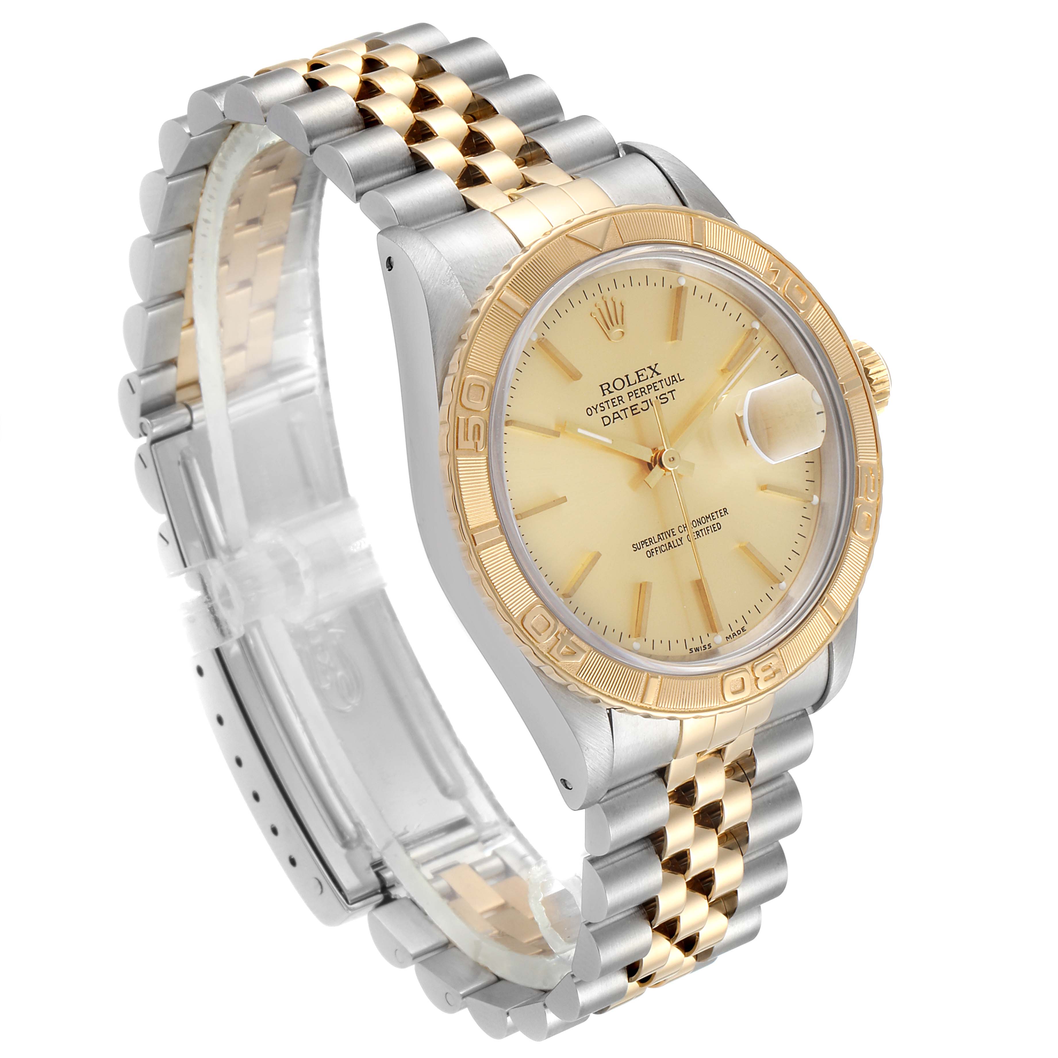 The image shows the Rolex Turn-o-Graph 16263 Men
s Steel and Gold (two tone) Champagne Dial 16263 Men
s Steel and Gold (two tone) Champagne Dial watch at a three-quarter angle, highlighting its bezel, dial, and bracelet.