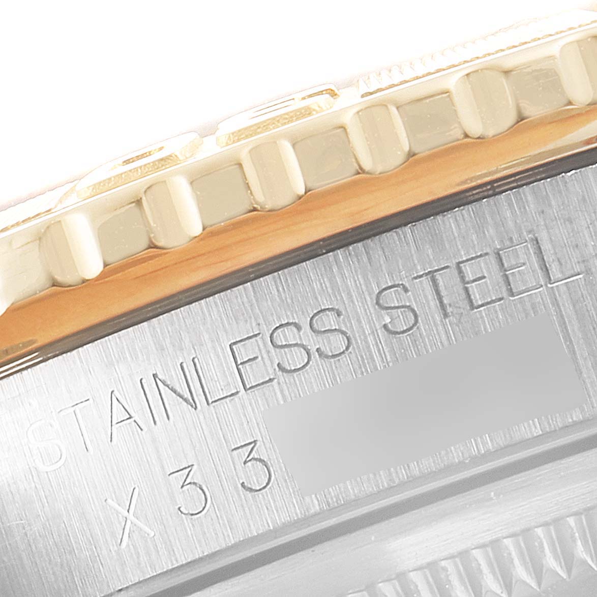 This close-up angle shows the stainless steel case and part of the bezel of the Rolex Turn-o-Graph 16263 Men
s Steel and Gold (two tone) Champagne Dial 16263 Men
s Steel and Gold (two tone) Champagne Dial watch.