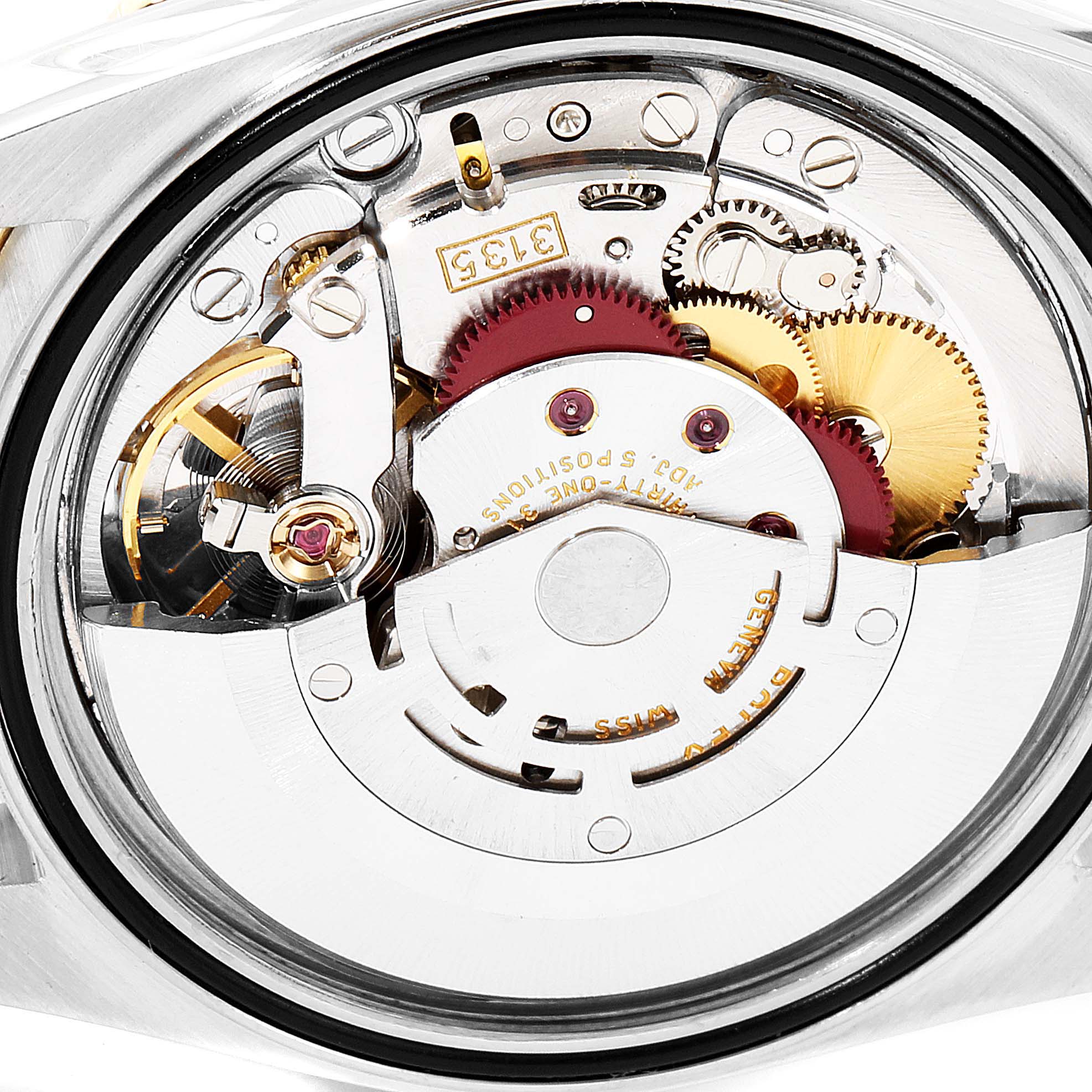 This image shows the intricate internal mechanism of a Rolex Turn-o-Graph 16263 Men
s Steel and Gold (two tone) Champagne Dial 16263 Men
s Steel and Gold (two tone) Champagne Dial watch from a close-up, rear-facing angle.