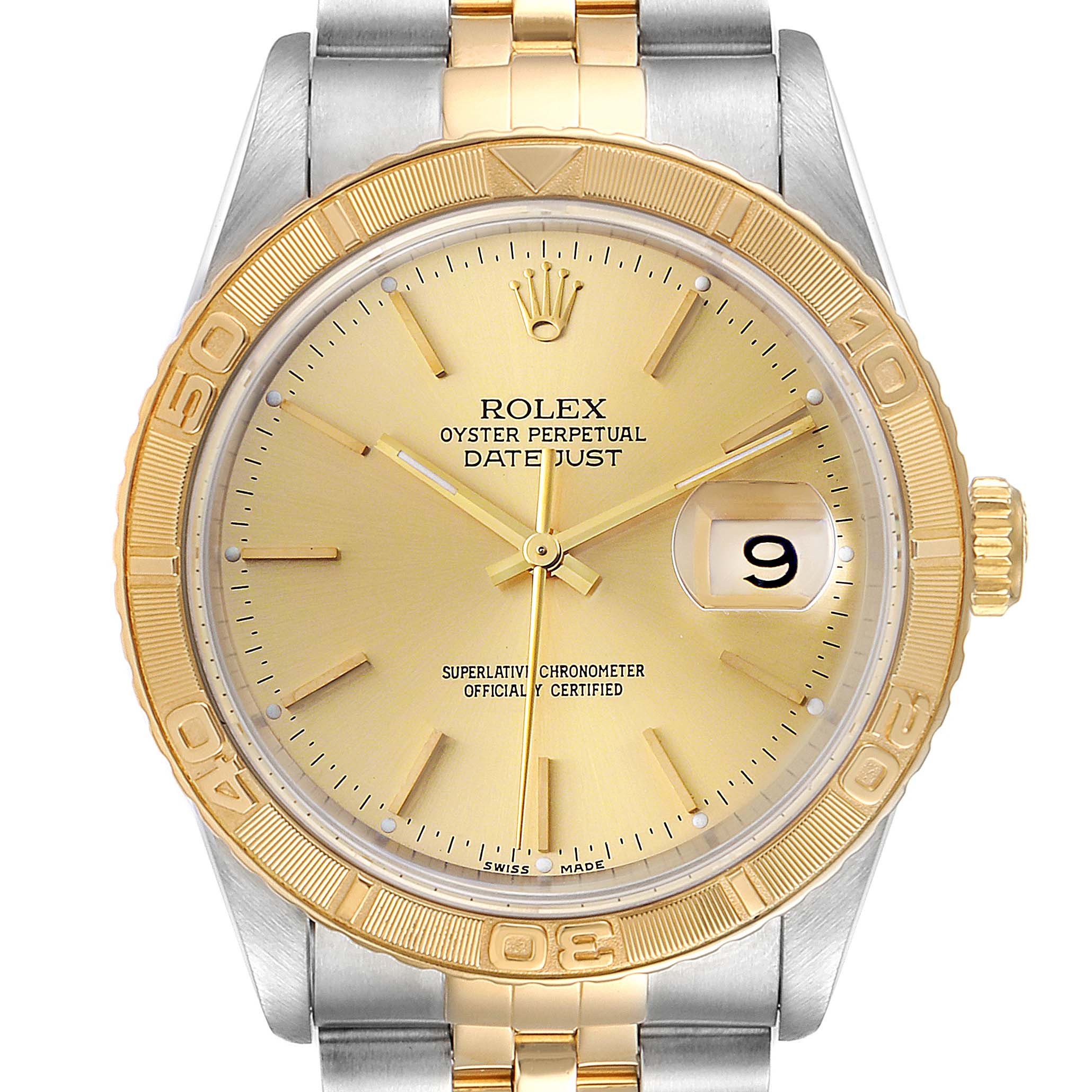 This image shows the face, bezel, and part of the bracelet of a Rolex Turn-o-Graph 16263 Men
s Steel and Gold (two tone) Champagne Dial 16263 Men
s Steel and Gold (two tone) Champagne Dial Datejust watch.