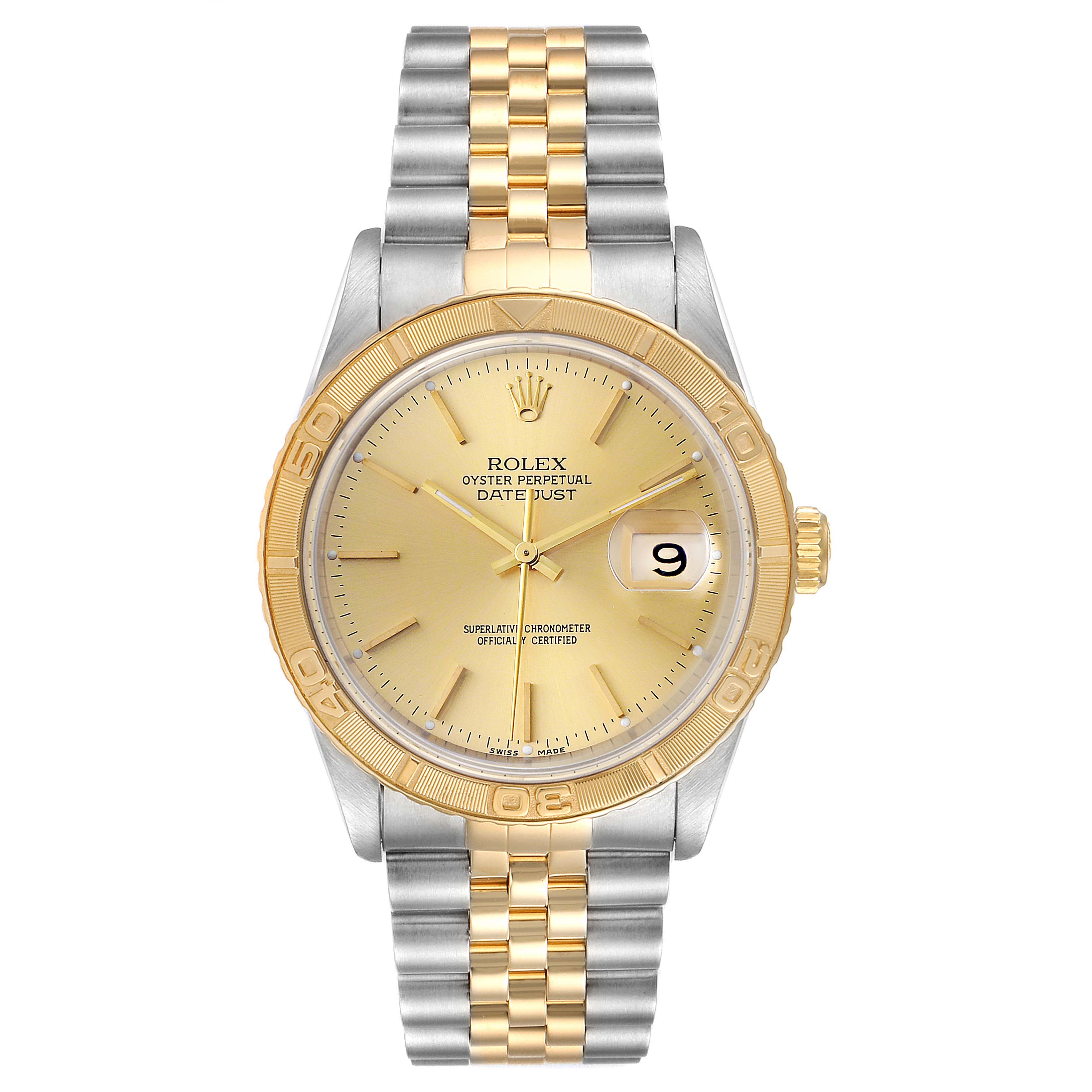 The image shows a Rolex Turn-o-Graph 16263 Men
s Steel and Gold (two tone) Champagne Dial 16263 Men
s Steel and Gold (two tone) Champagne Dial watch from a front angle, displaying the dial, bezel, bracelet, and crown.
