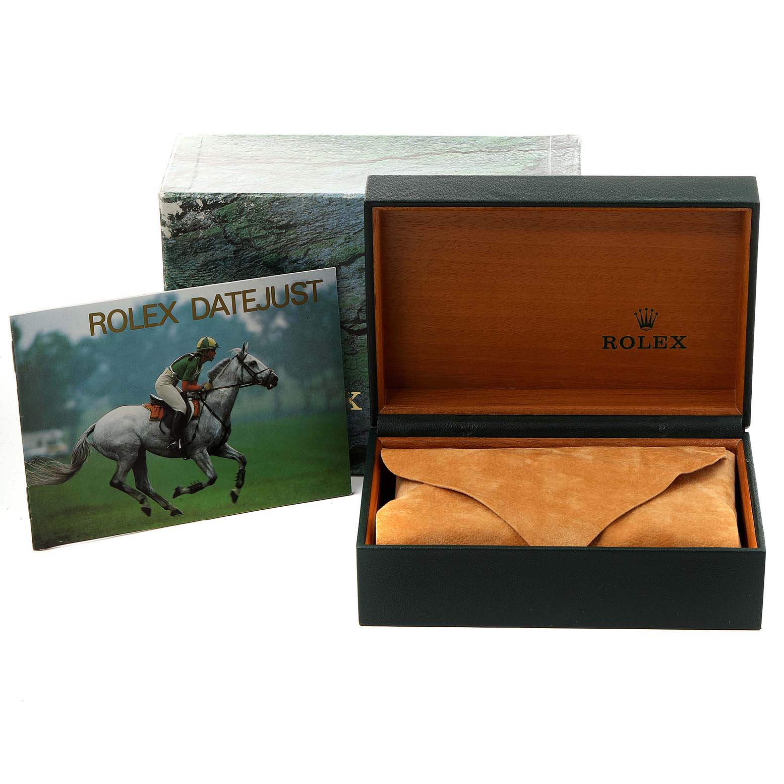 The image shows the packaging box, inner case, and manual for the Rolex Turn-o-Graph 16263 Men
s Steel and Gold (two tone) Champagne Dial 16263 Men
s Steel and Gold (two tone) Champagne Dial model.