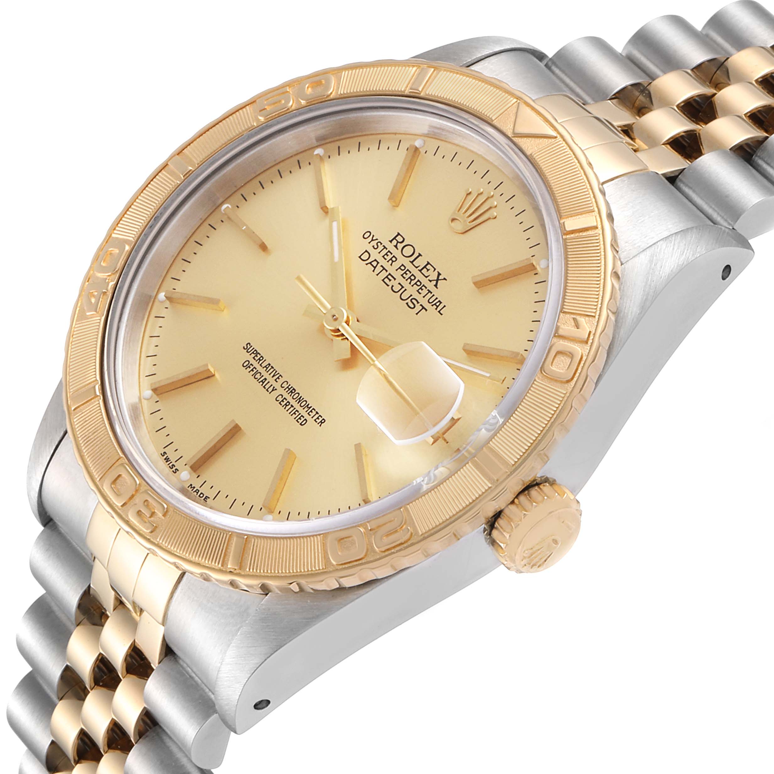 The image shows a close-up, angled view of a Rolex Turn-o-Graph 16263 Men
s Steel and Gold (two tone) Champagne Dial 16263 Men
s Steel and Gold (two tone) Champagne Dial watch, highlighting the gold bezel, dial, and crown.