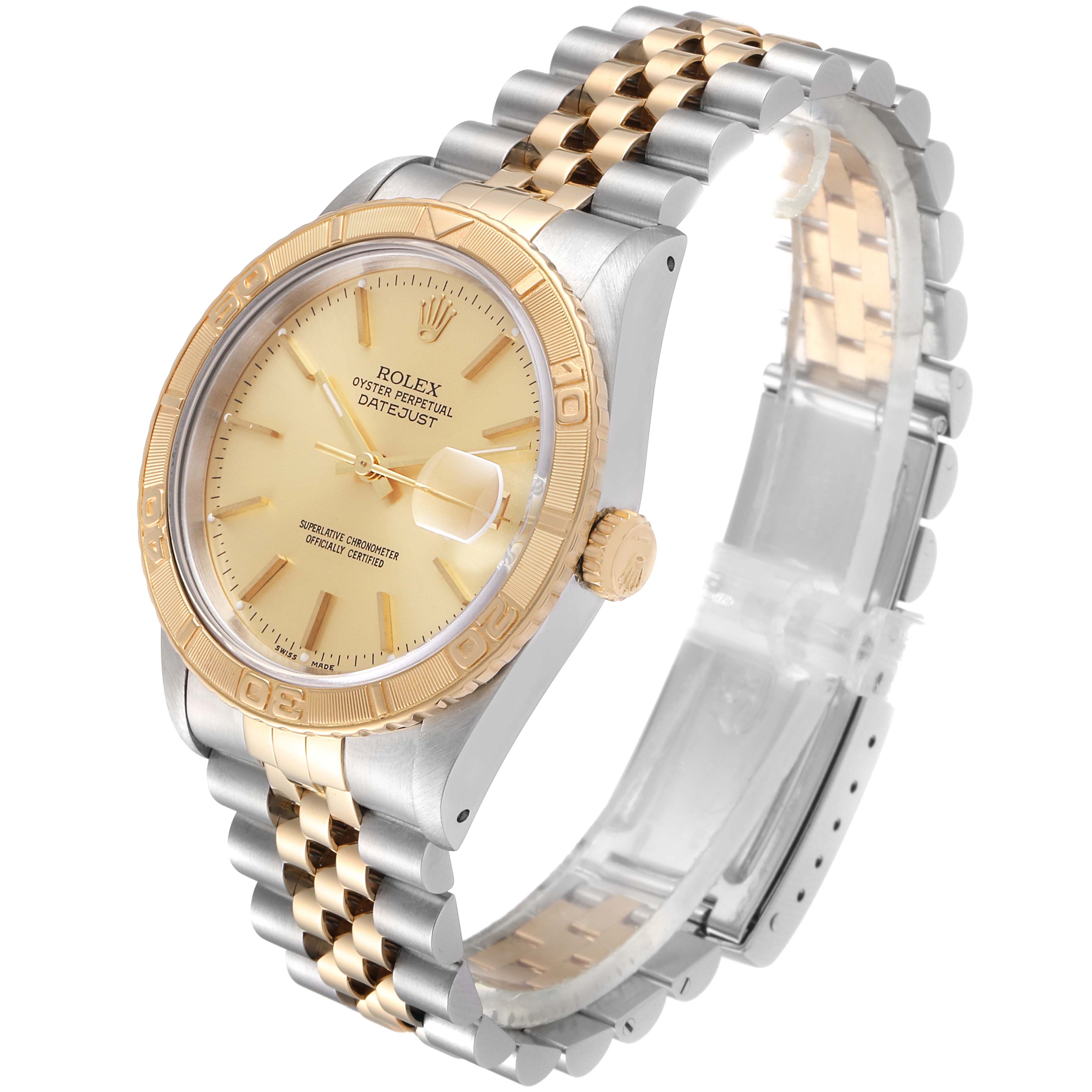 The Rolex Turn-o-Graph 16263 Men
s Steel and Gold (two tone) Champagne Dial 16263 Men
s Steel and Gold (two tone) Champagne Dial watch is shown at an angle displaying the dial, bezel, crown, and the two-tone Jubilee bracelet.