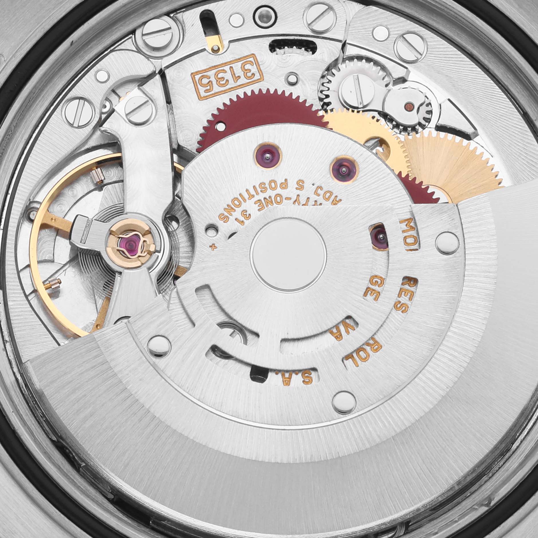 The image shows the movement mechanism of a Rolex Datejust 16233 Men's Steel and Gold (two tone) White Dial 16233 Men's Steel and Gold (two tone) White Dial, highlighting gears and internal components.