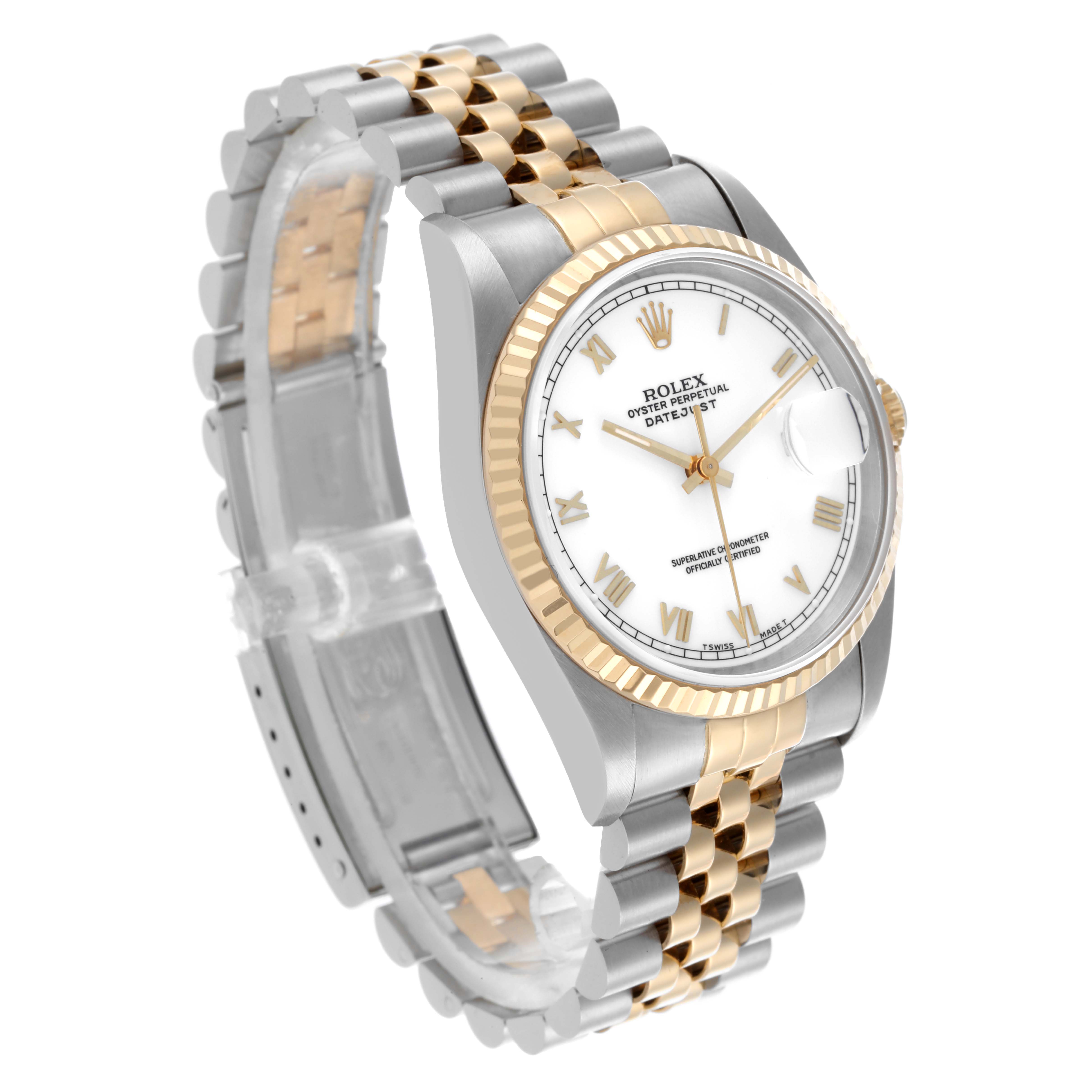 The Rolex Datejust 16233 Men's Steel and Gold (two tone) White Dial 16233 Men's Steel and Gold (two tone) White Dial is shown at a three-quarter angle showcasing the face, bezel, crown, and full bracelet.