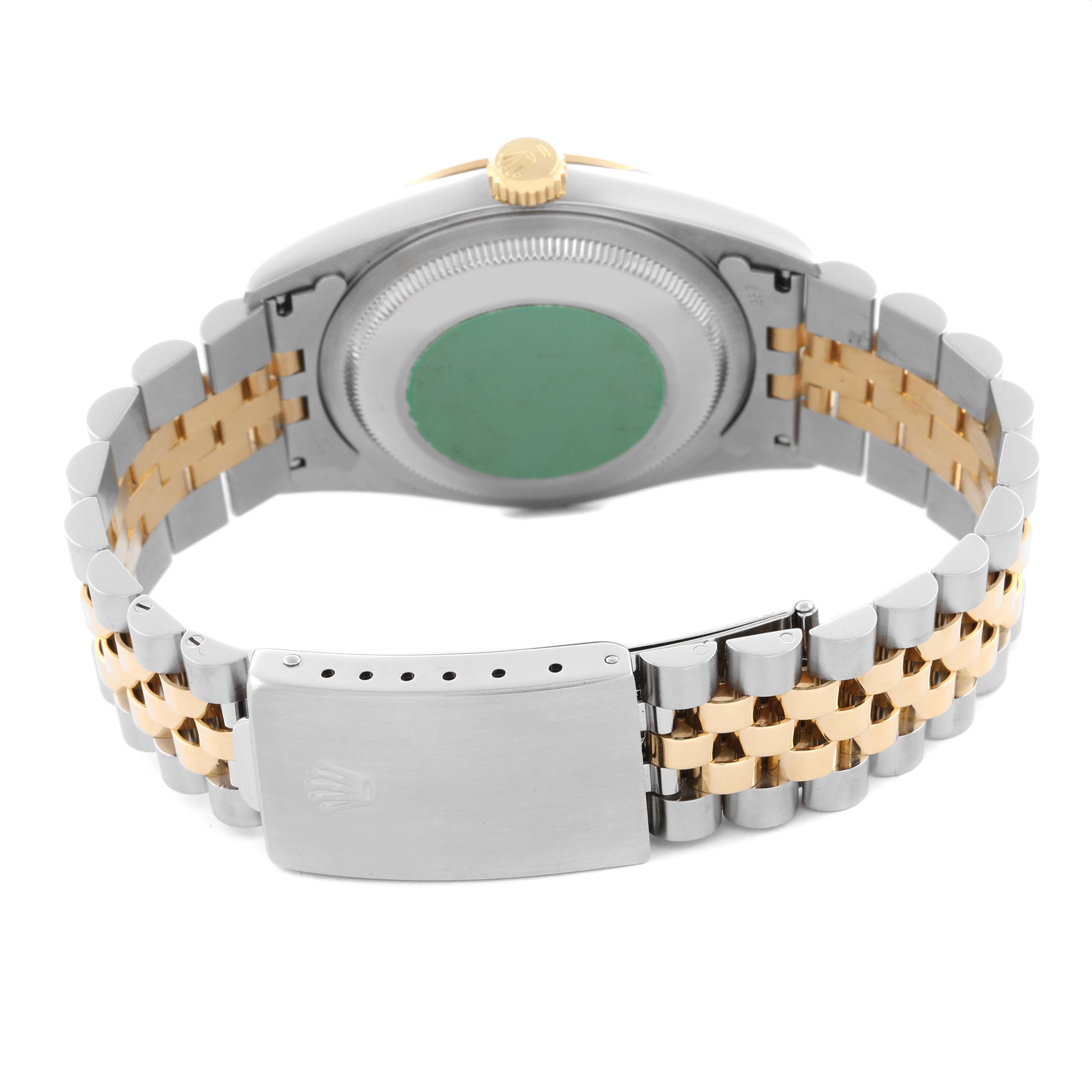 The image shows the bracelet and case back of a Rolex Datejust 16233 Men's Steel and Gold (two tone) White Dial 16233 Men's Steel and Gold (two tone) White Dial, featuring a Jubilee two-tone bracelet and clasp.