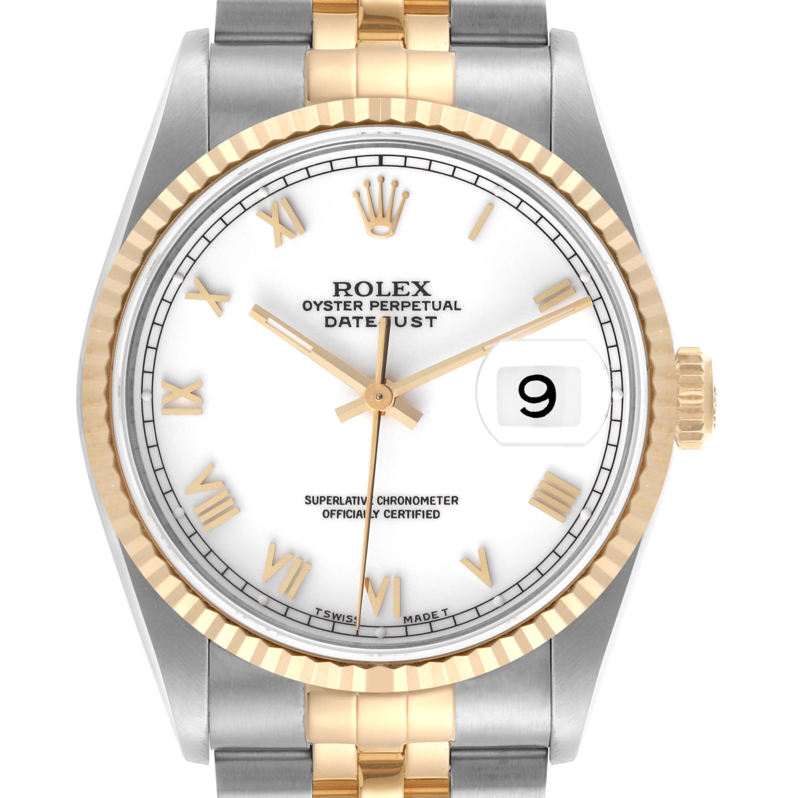 The Rolex Datejust 16233 Men's Steel and Gold (two tone) White Dial 16233 Men's Steel and Gold (two tone) White Dial watch is shown from the front, displaying the dial, bezel, crown, and part of the bracelet.