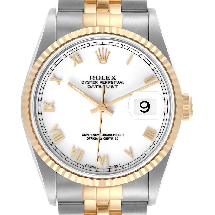 The Rolex Datejust watch is shown from the front, displaying the dial, bezel, crown, and part of the bracelet.