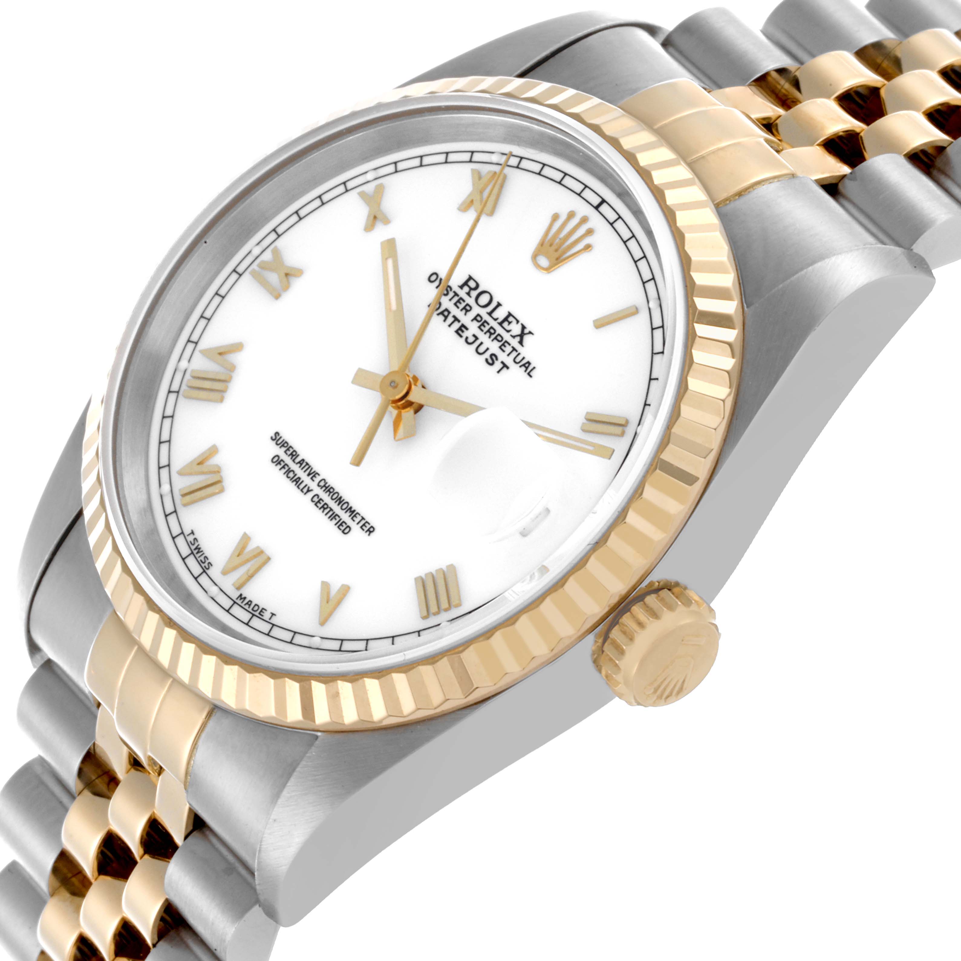 The Rolex Datejust 16233 Men's Steel and Gold (two tone) White Dial 16233 Men's Steel and Gold (two tone) White Dial watch is shown at an oblique angle, highlighting the bezel, crown, dial, and part of the bracelet.