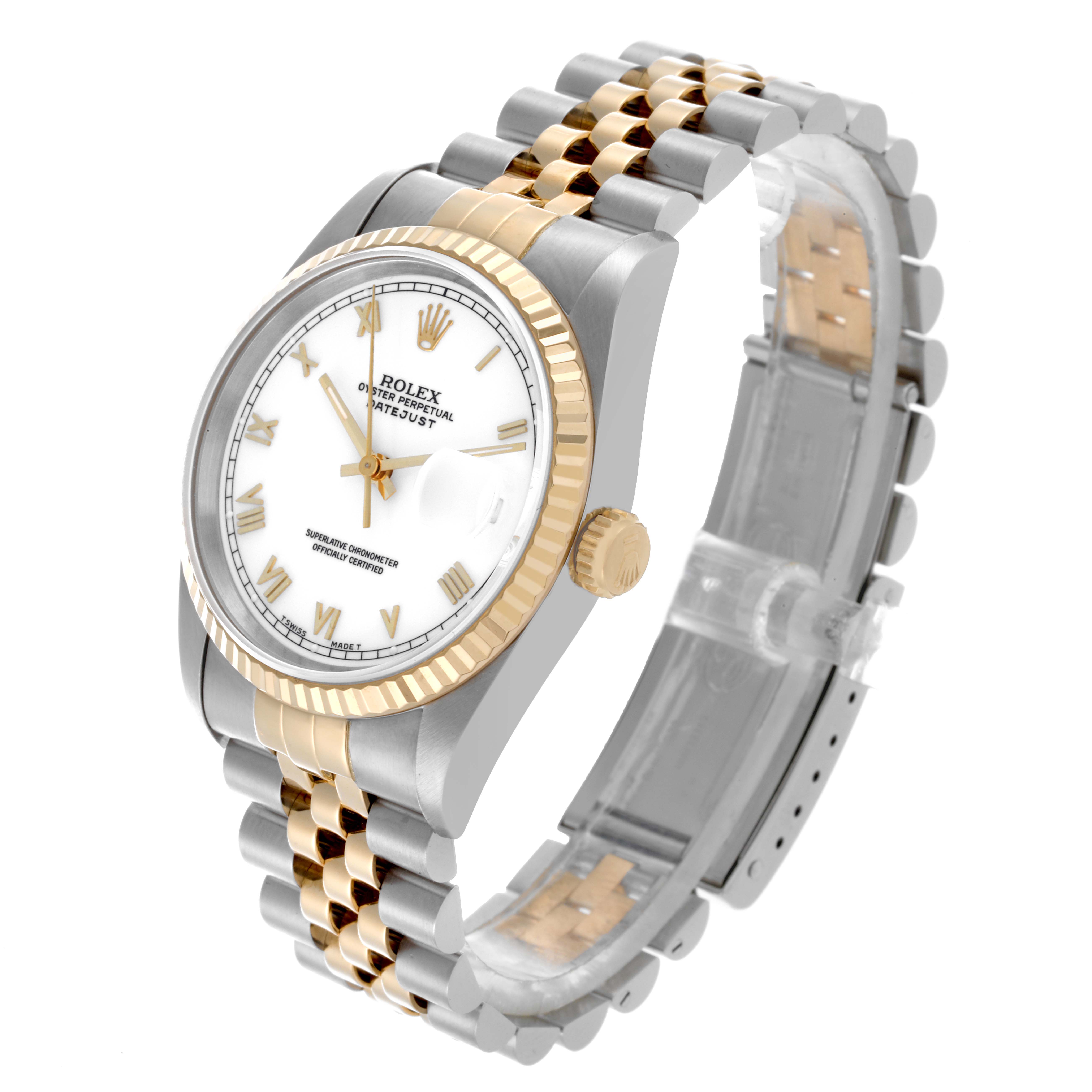 The Rolex Datejust 16233 Men's Steel and Gold (two tone) White Dial 16233 Men's Steel and Gold (two tone) White Dial watch is shown at an angled view highlighting the dial, bezel, and two-tone Jubilee bracelet.