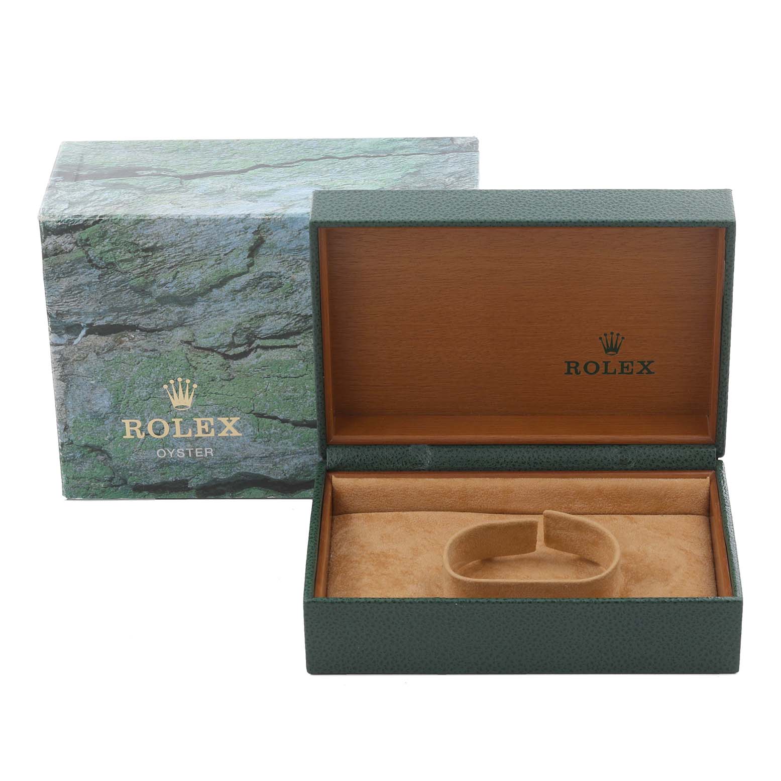 The image shows an open green Rolex Datejust 16233 Men's Steel and Gold (two tone) White Dial 16233 Men's Steel and Gold (two tone) White Dial watch box with an inner cushion but no watch visible.