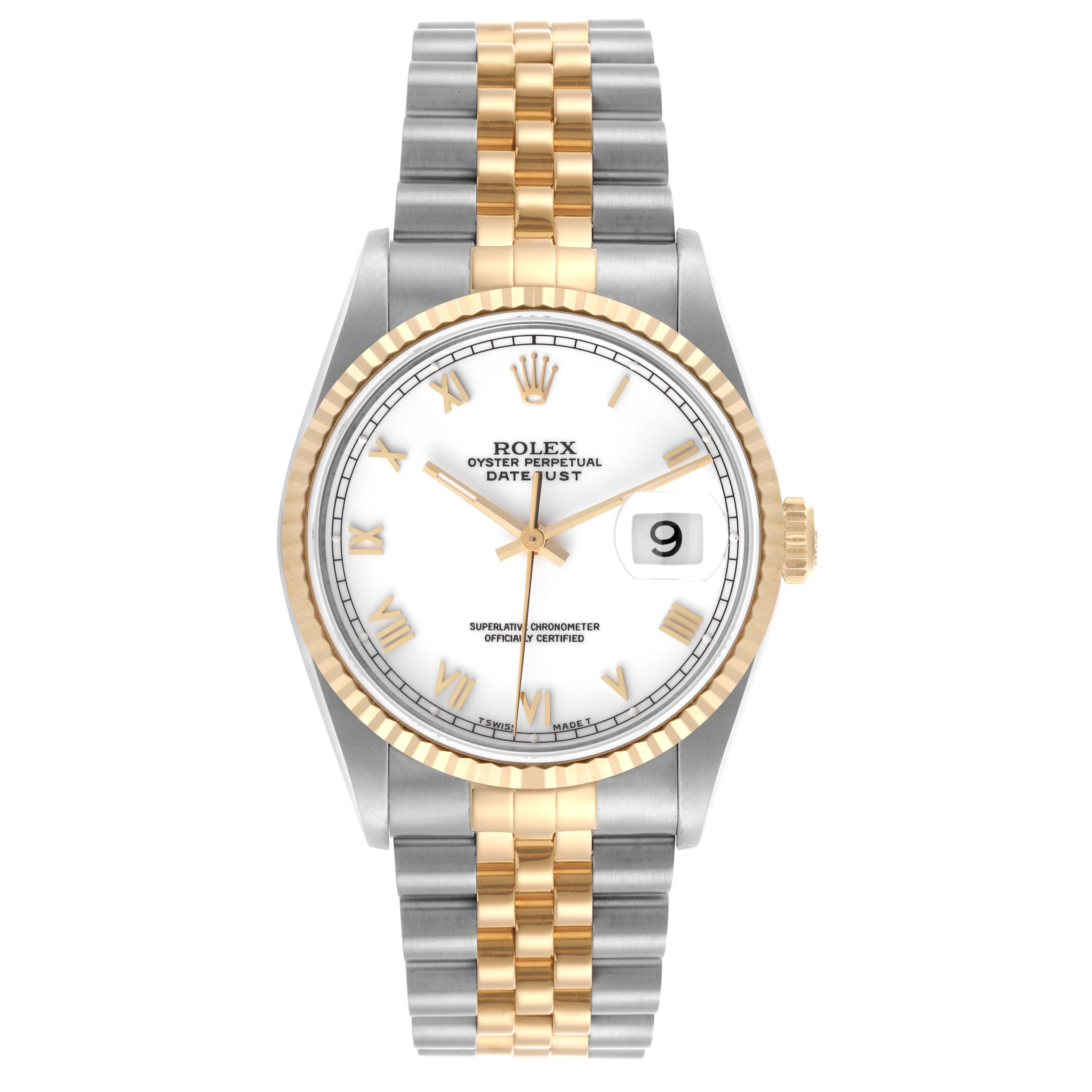 The Rolex Datejust 16233 Men's Steel and Gold (two tone) White Dial 16233 Men's Steel and Gold (two tone) White Dial watch is shown from a front angle, displaying the dial, fluted bezel, and two-tone Jubilee bracelet.