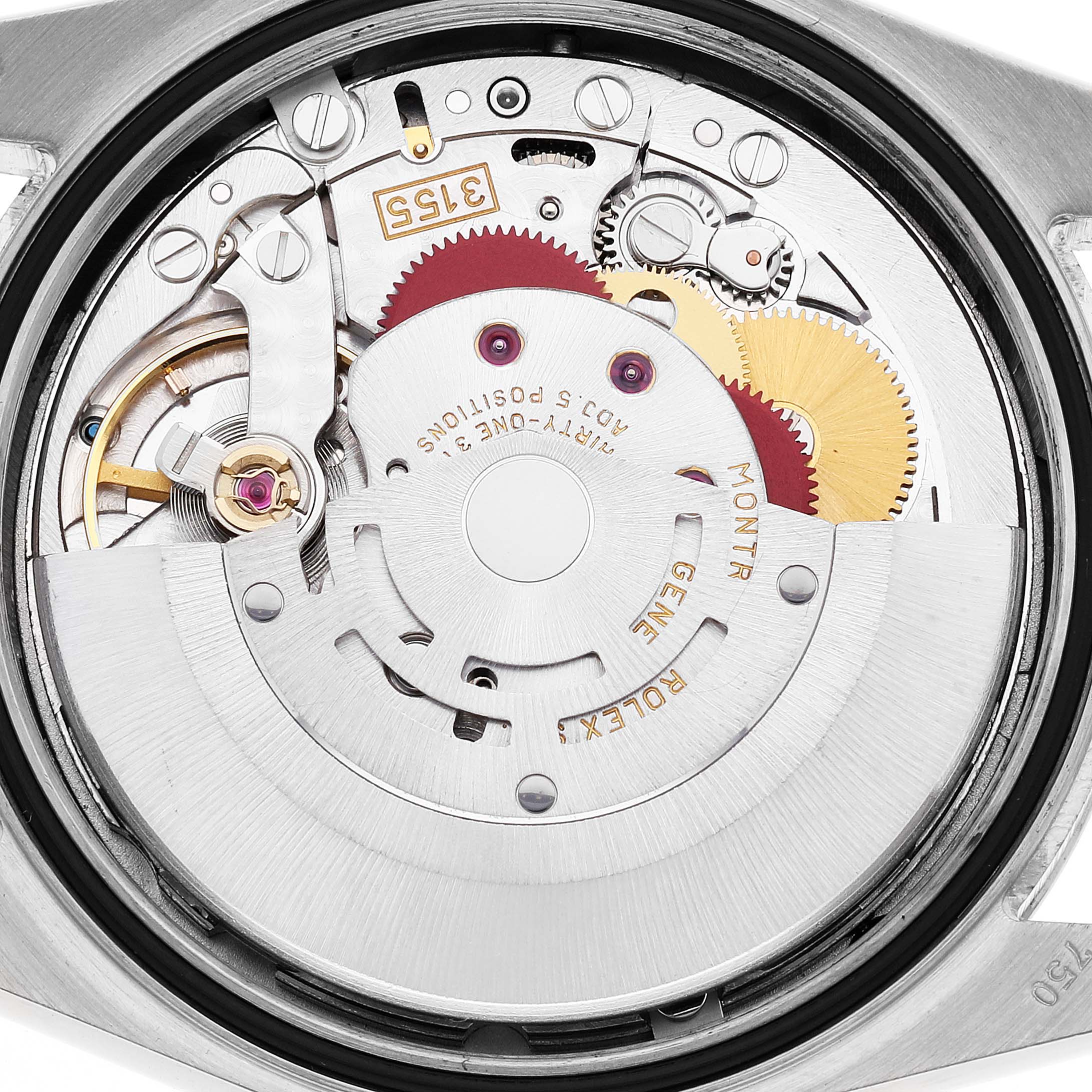 This image shows the internal mechanism of the Rolex President 118239 Men's White Gold Pink Dial 118239 Men's White Gold Pink Dial model watch from a top-down angle, highlighting gears and other components.