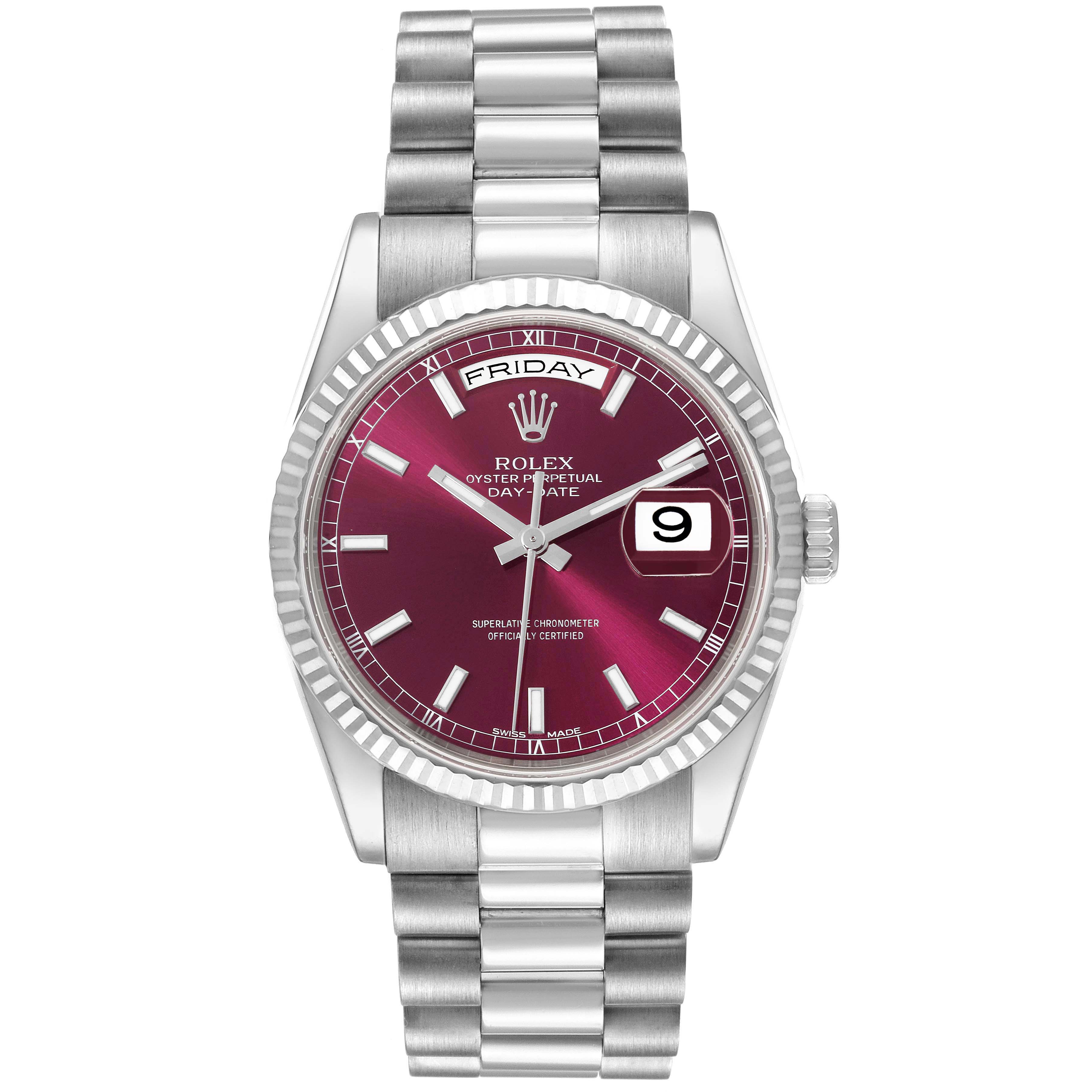 This image shows a Rolex President 118239 Men's White Gold Pink Dial 118239 Men's White Gold Pink Dial model watch with maroon dial, date window, day display, fluted bezel, and linked bracelet from a front angle.