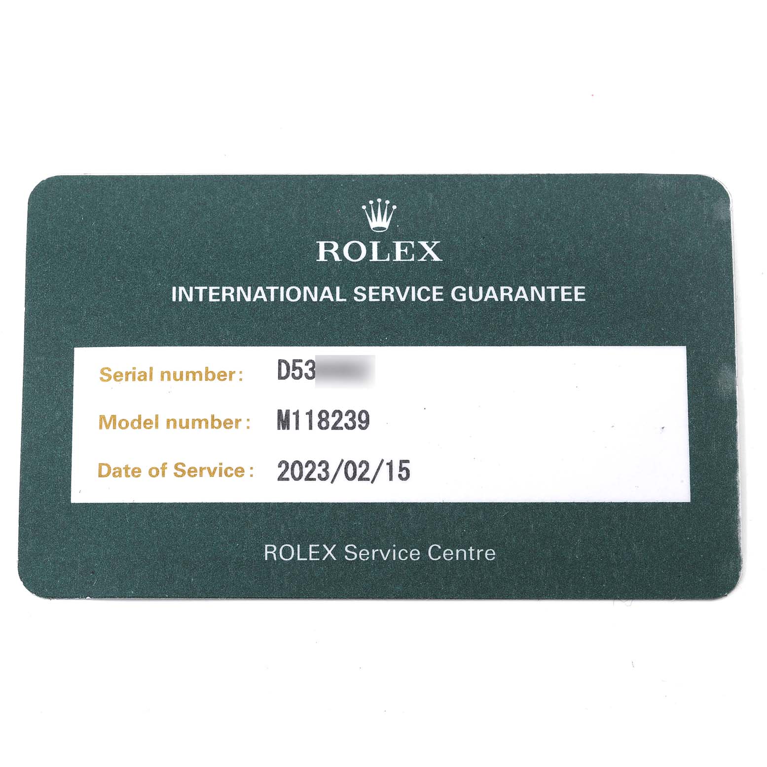 The image shows a Rolex International Service Guarantee card for the Rolex President 118239 Men's White Gold Pink Dial 118239 Men's White Gold Pink Dial model, highlighting the serial and model numbers and service date.