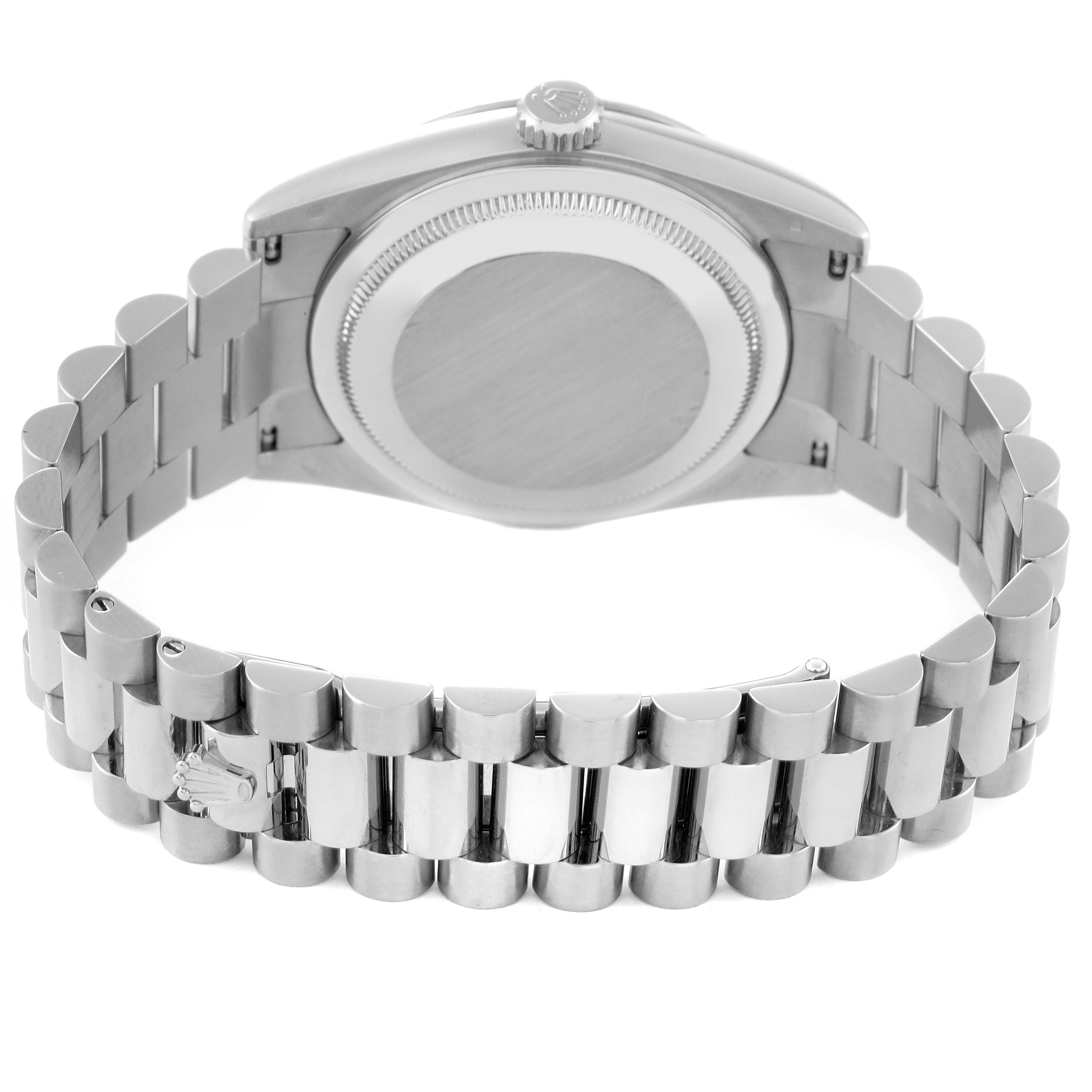 The image shows the back of a Rolex President 118239 Men's White Gold Pink Dial 118239 Men's White Gold Pink Dial model watch, highlighting the case back and the President bracelet.