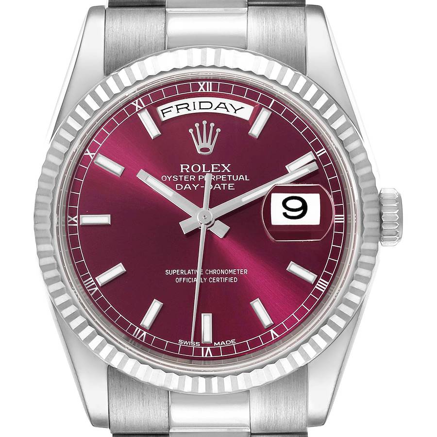 Rolex Day Date 36mm President White Gold Cherry Red Dial Mens Watch 118239 SwissWatchExpo