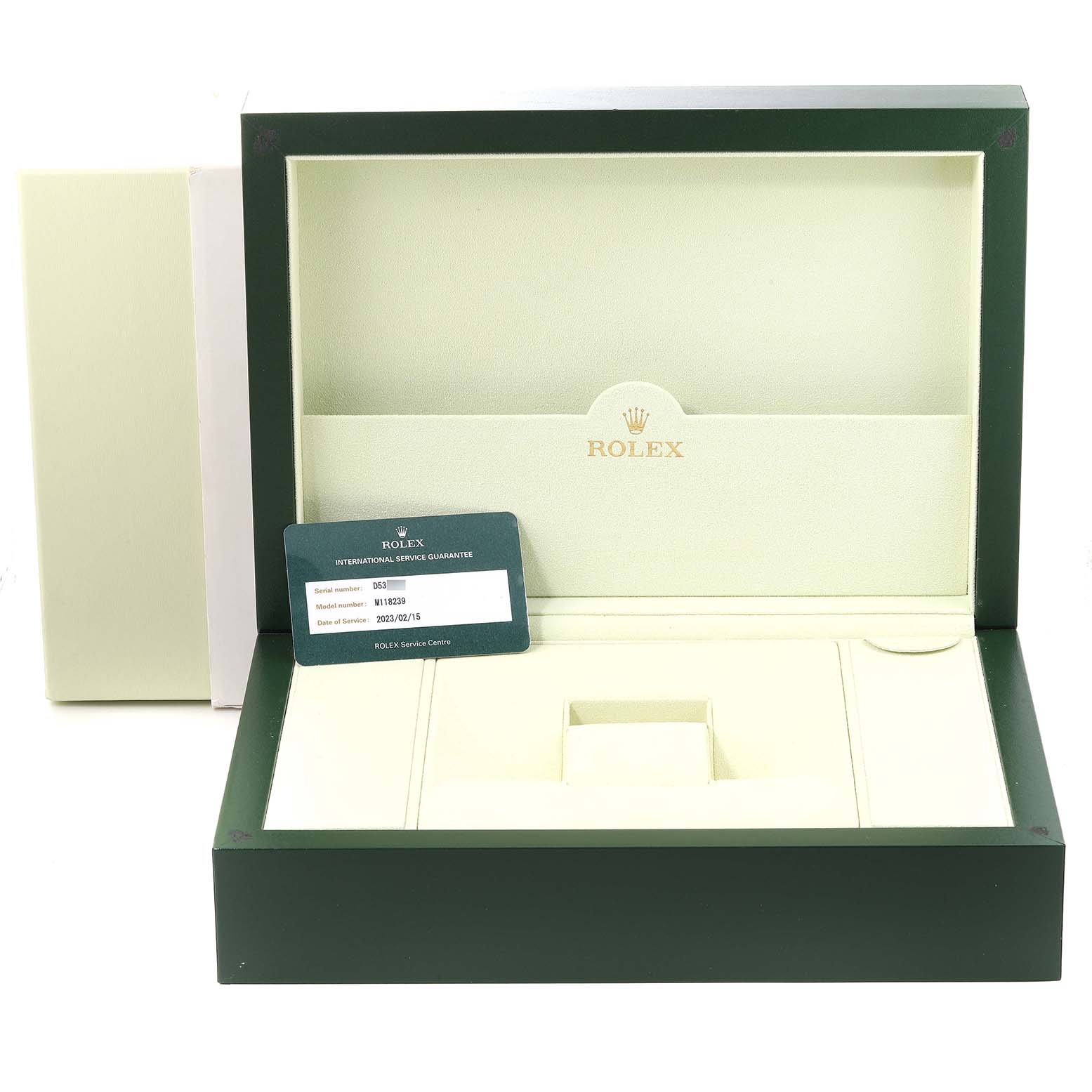 The image shows the open packaging box for the Rolex President 118239 Men's White Gold Pink Dial 118239 Men's White Gold Pink Dial model, including a card and documents.