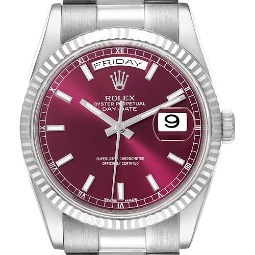 Photo of Rolex Day Date 36mm President White Gold Cherry Red Dial Mens Watch 118239