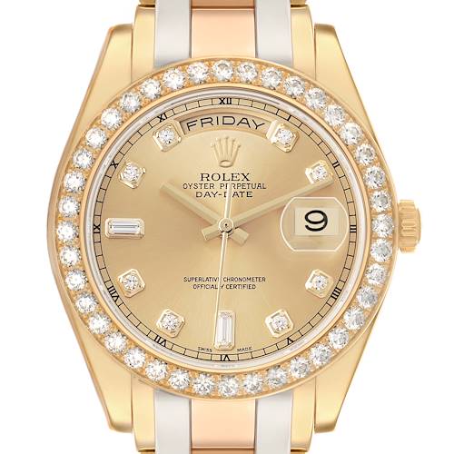 The Rolex President 18948 Men's Yellow Gold Champagne Dial watch is shown from the front, featuring a diamond bezel, gold dial, and a day-date display.