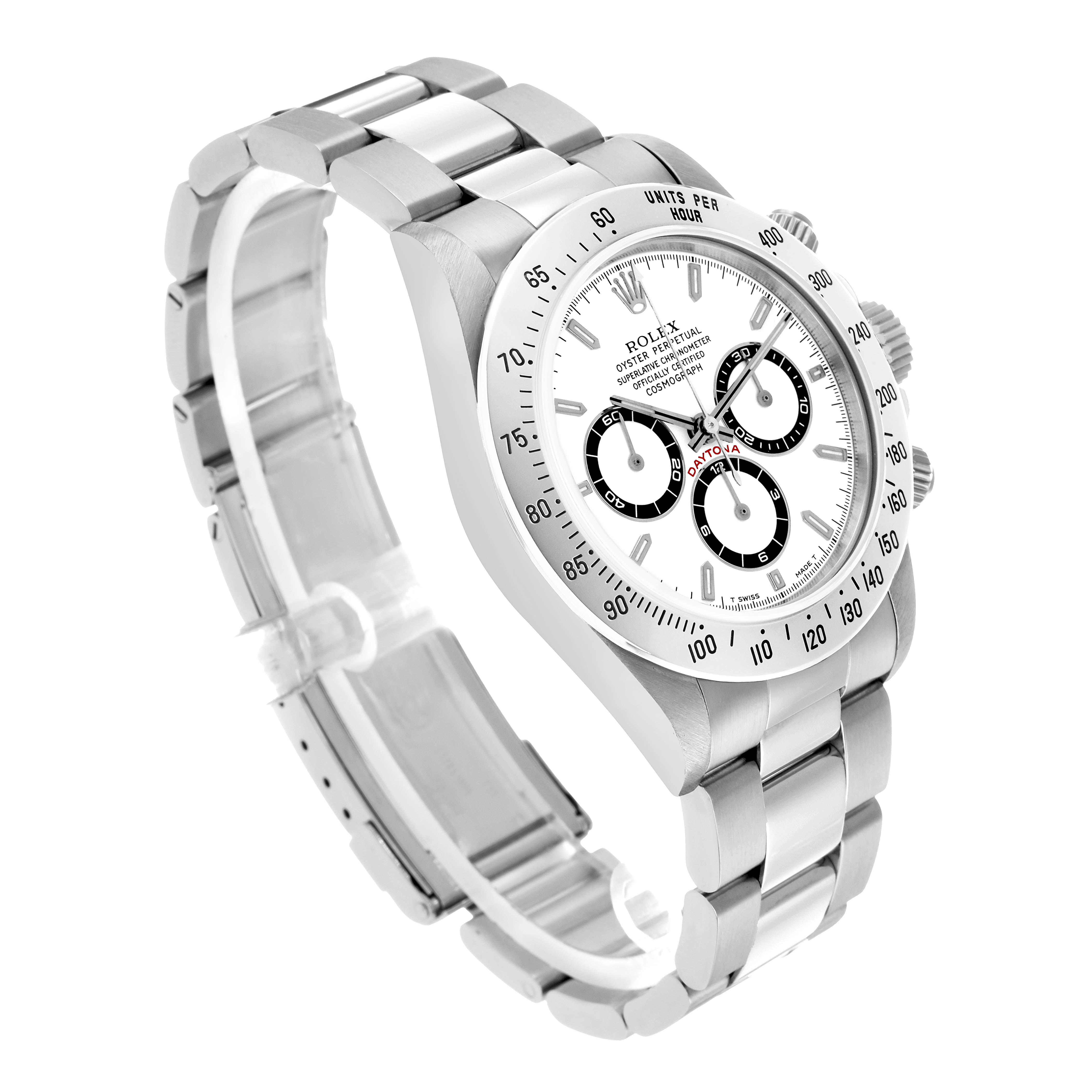 The Rolex Daytona 16520 Men's Stainless Steel White Dial watch is shown at a three-quarter angle, displaying the face, bezel, and part of the bracelet.