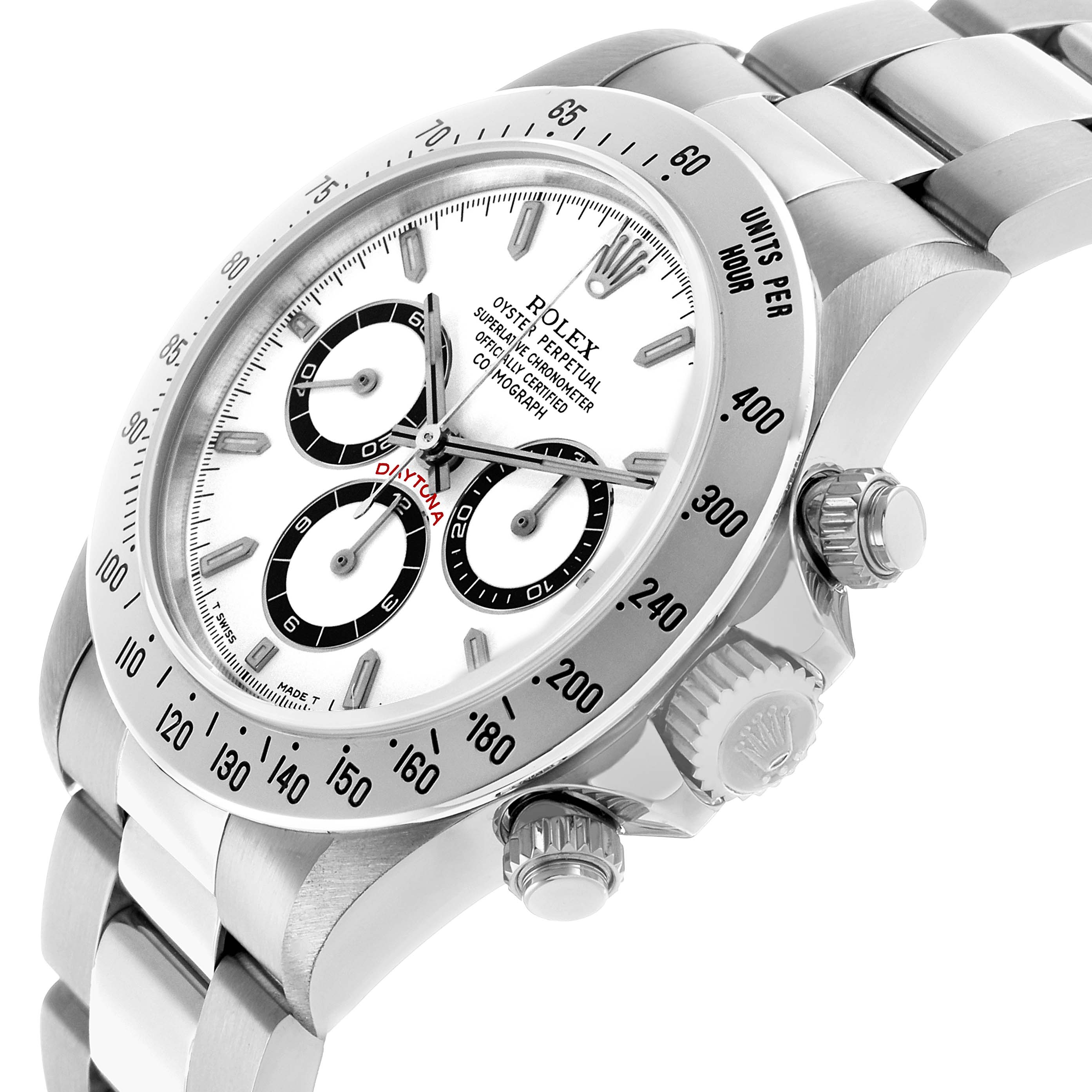 The Rolex Daytona 16520 Men's Stainless Steel White Dial is shown at a three-quarter angle, highlighting the face, bezel, crown, and chronograph pushers.