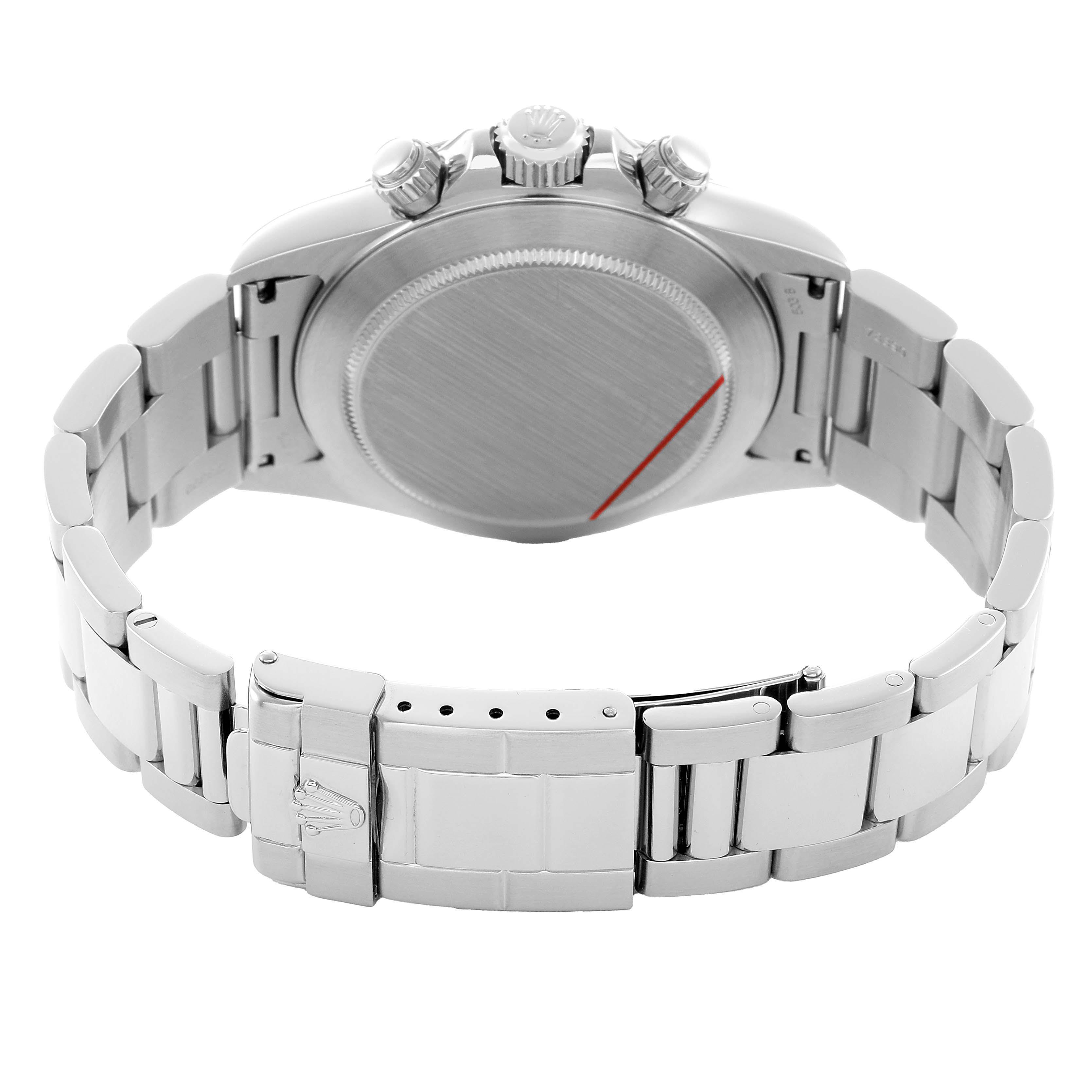 The Rolex Daytona 16520 Men's Stainless Steel White Dial watch is shown from the back, highlighting the case back, crown, pushers, and metal bracelet with clasp.