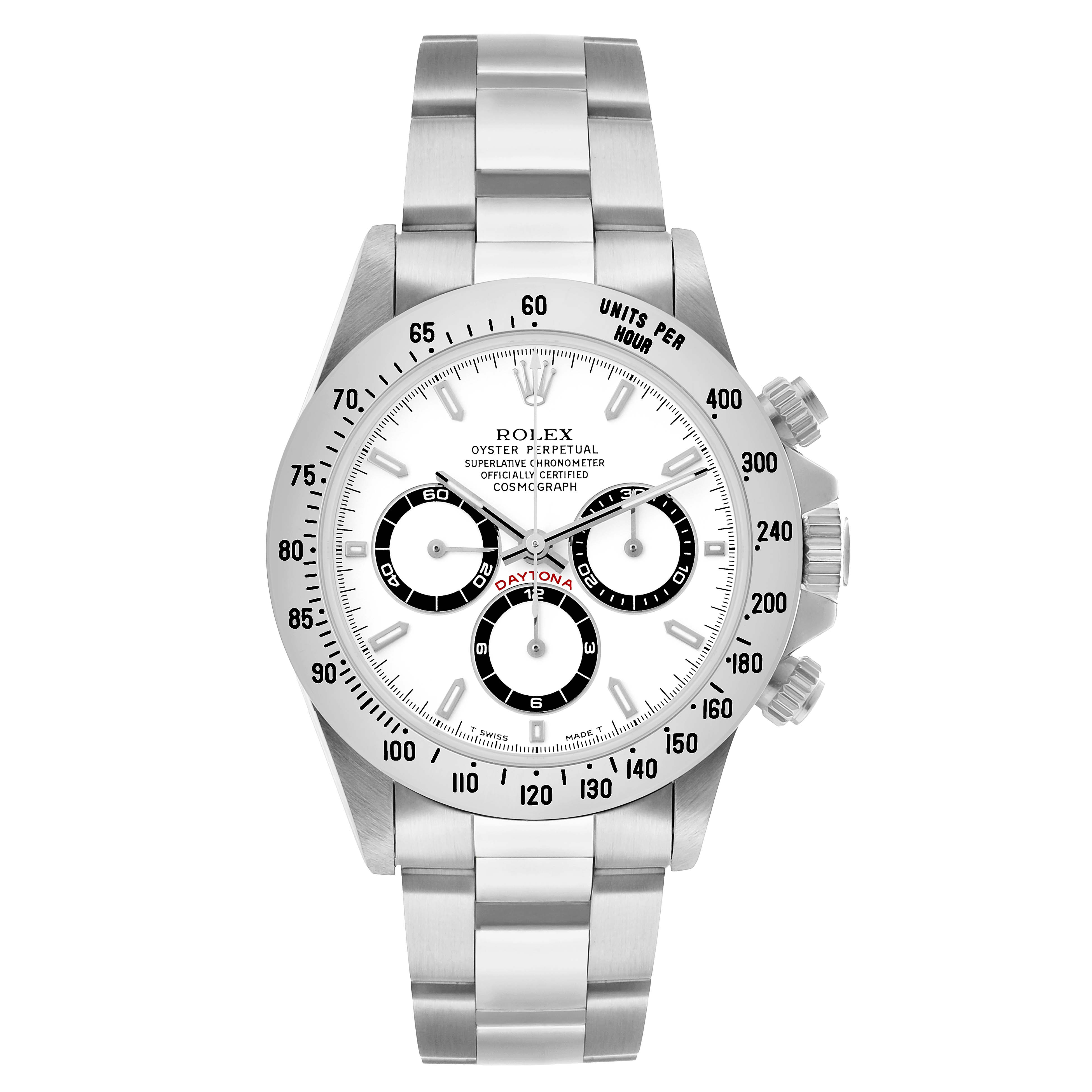 The Rolex Daytona 16520 Men's Stainless Steel White Dial watch is shown from a front angle, displaying the dial, bezel, push buttons, and bracelet.