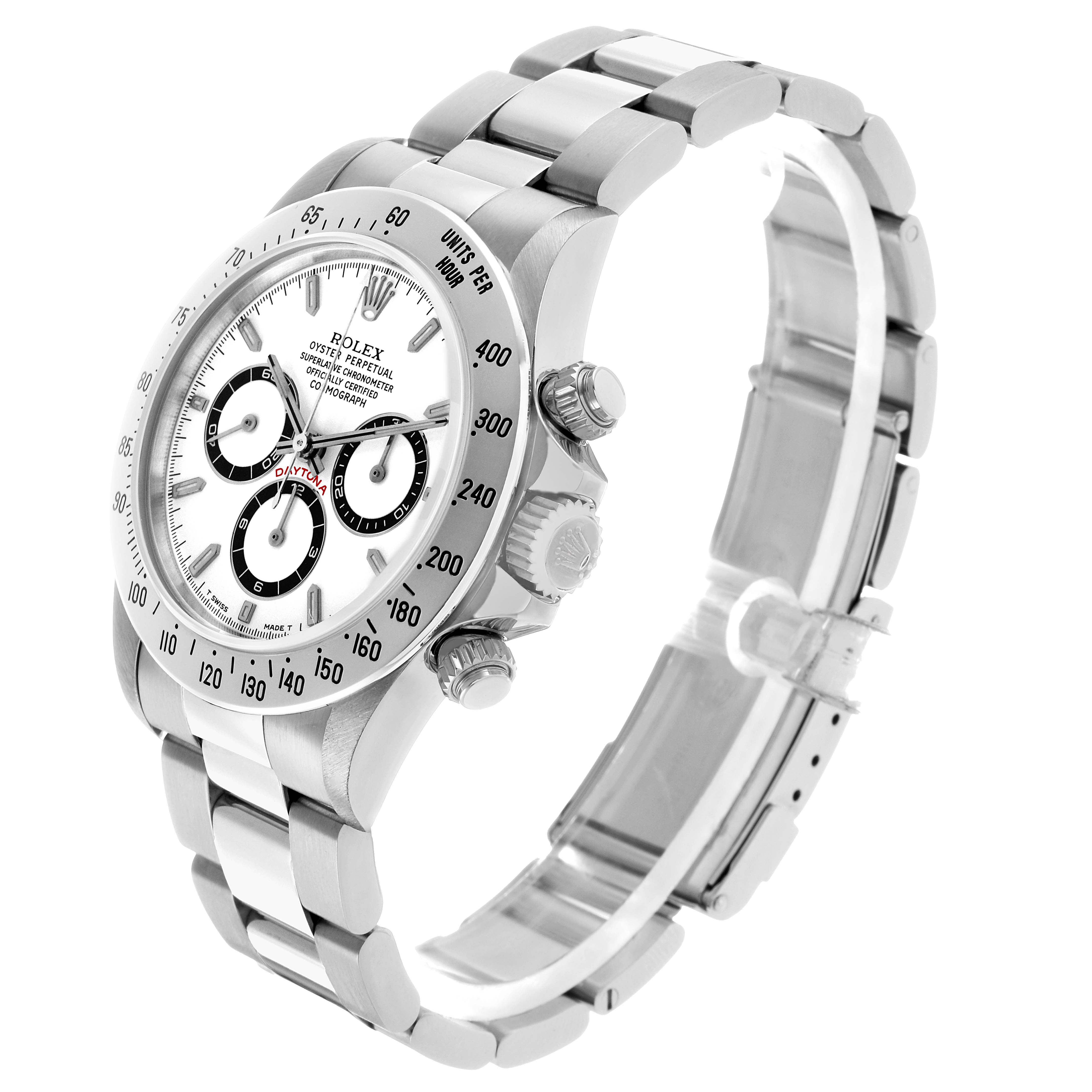 The Rolex Daytona 16520 Men's Stainless Steel White Dial watch is shown at an angled side view highlighting the face, crown, pushers, and bracelet.