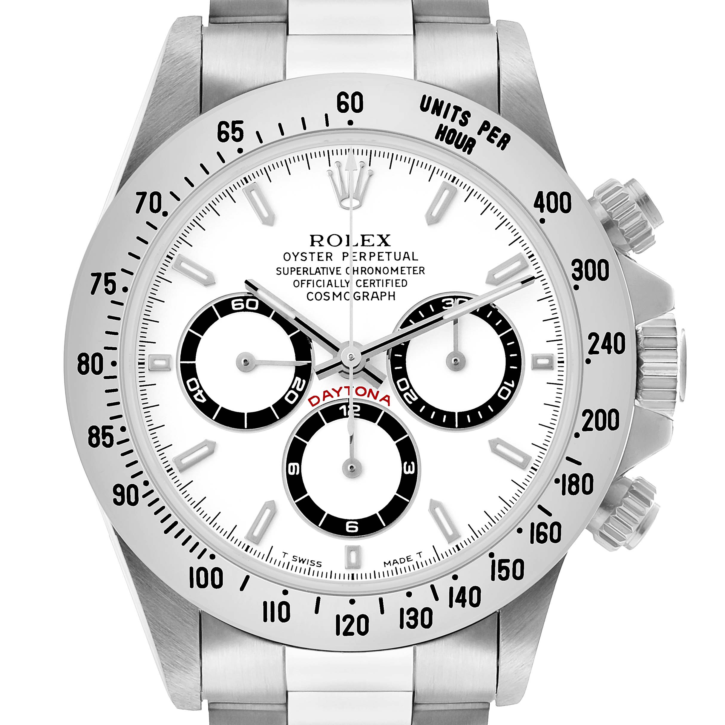 The image shows the Rolex Daytona 16520 Men's Stainless Steel White Dial model from a front angle, displaying the dial, bezel, subdials, and crown.