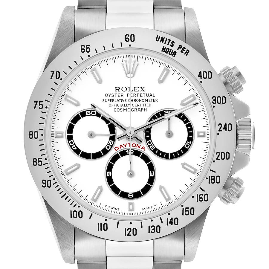 The image shows the Rolex Daytona 16520 Men's Stainless Steel White Dial model from a front angle, displaying the dial, bezel, subdials, and crown.
