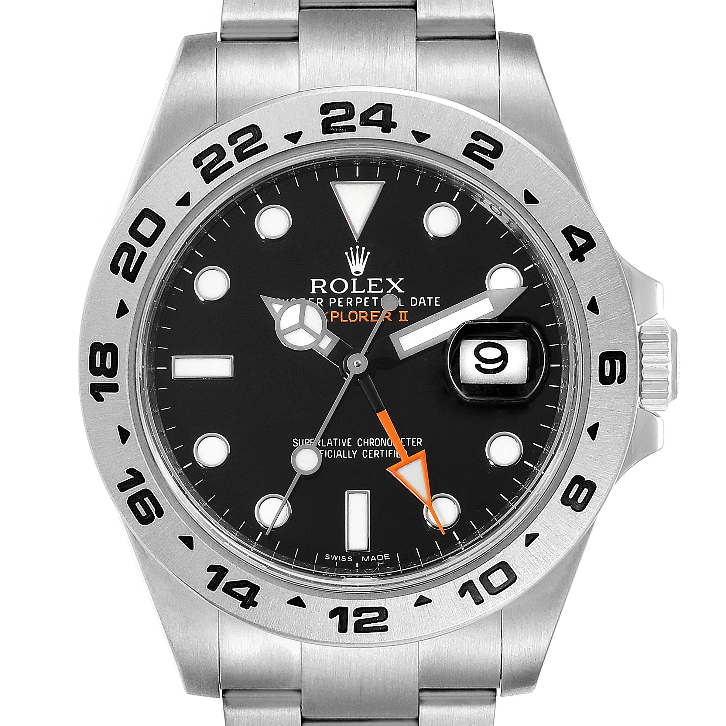 The image shows a frontal view of the Rolex Explorer 216570 Men
s Stainless Steel Black Dial 216570 Men
s Stainless Steel Black Dial watch, displaying its face, bezel, and part of the bracelet.