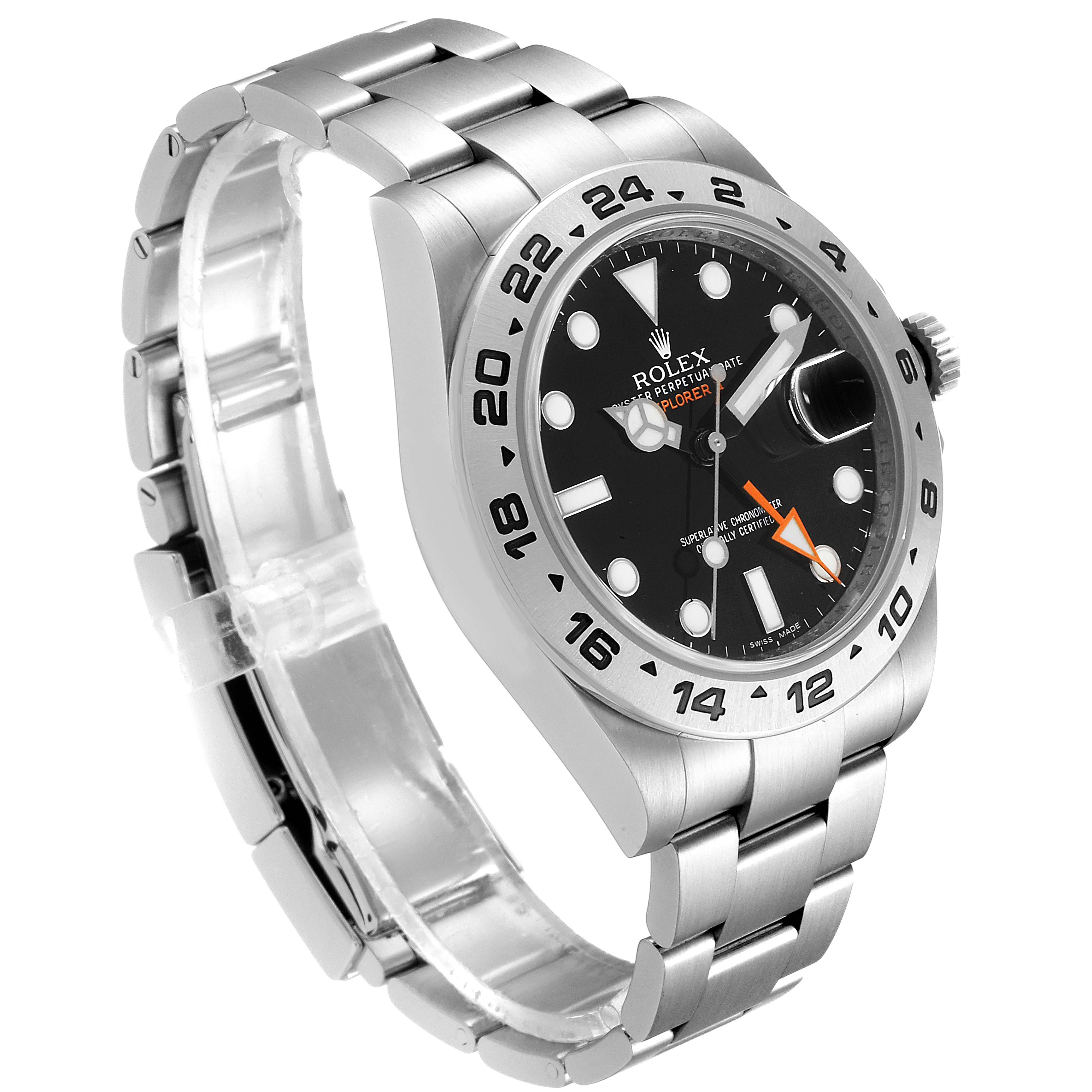 The image shows a Rolex Explorer 216570 Men
s Stainless Steel Black Dial 216570 Men
s Stainless Steel Black Dial watch from an angled side view, highlighting the bracelet, bezel, dial, and crown.