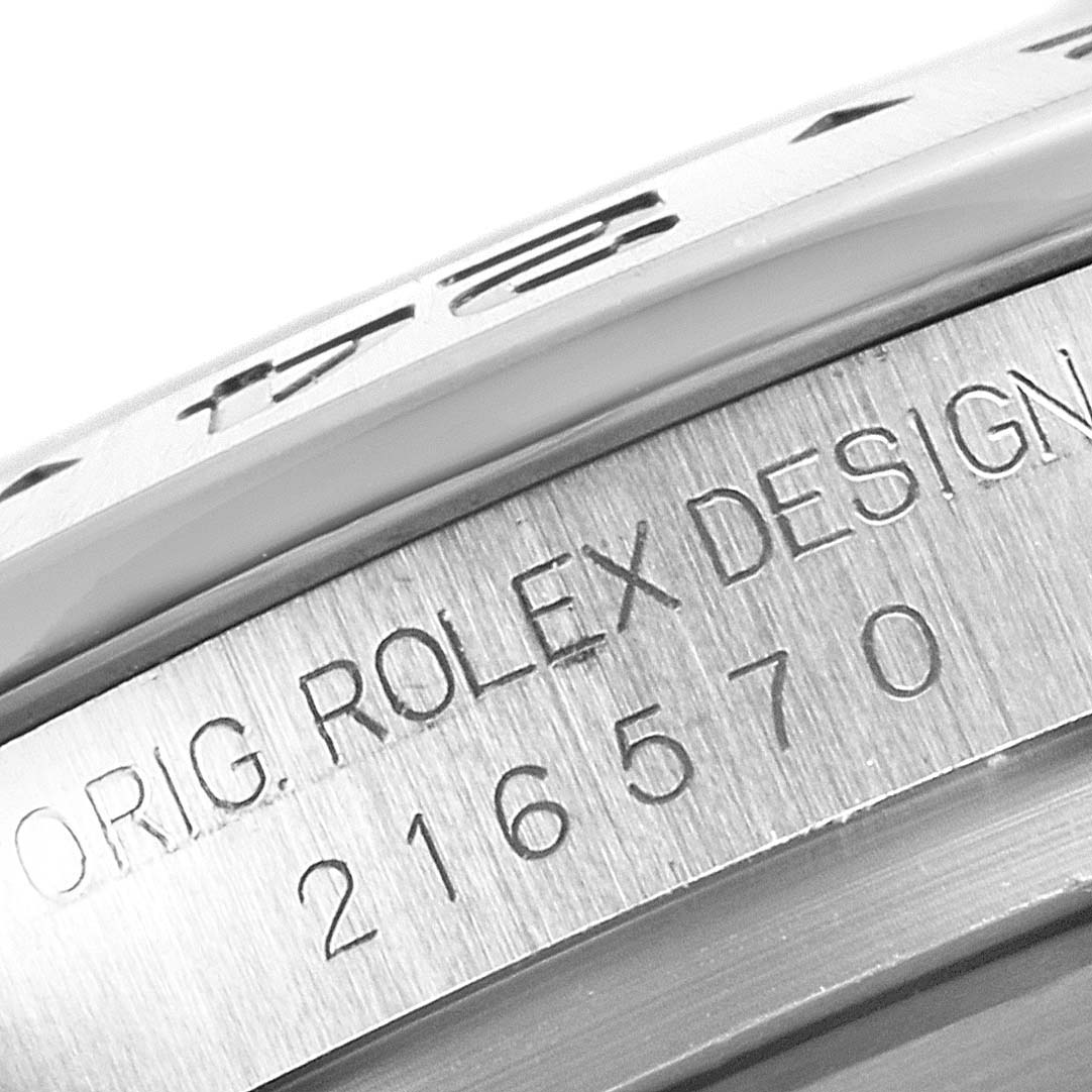 Close-up of the case edge showing the bezel and engraved model number of the Rolex Explorer 216570 Men
s Stainless Steel Black Dial 216570 Men
s Stainless Steel Black Dial.