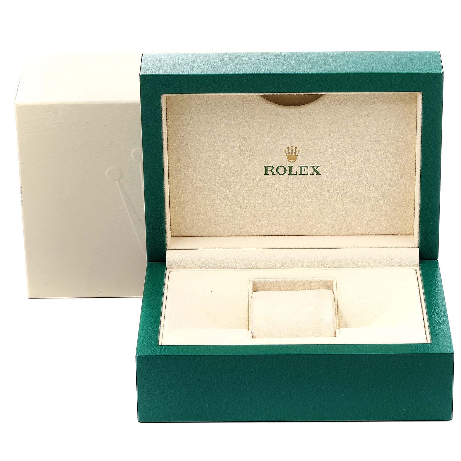 The image shows an open green Rolex watch box for the Explorer model, revealing the interior cushioning and branded logo.