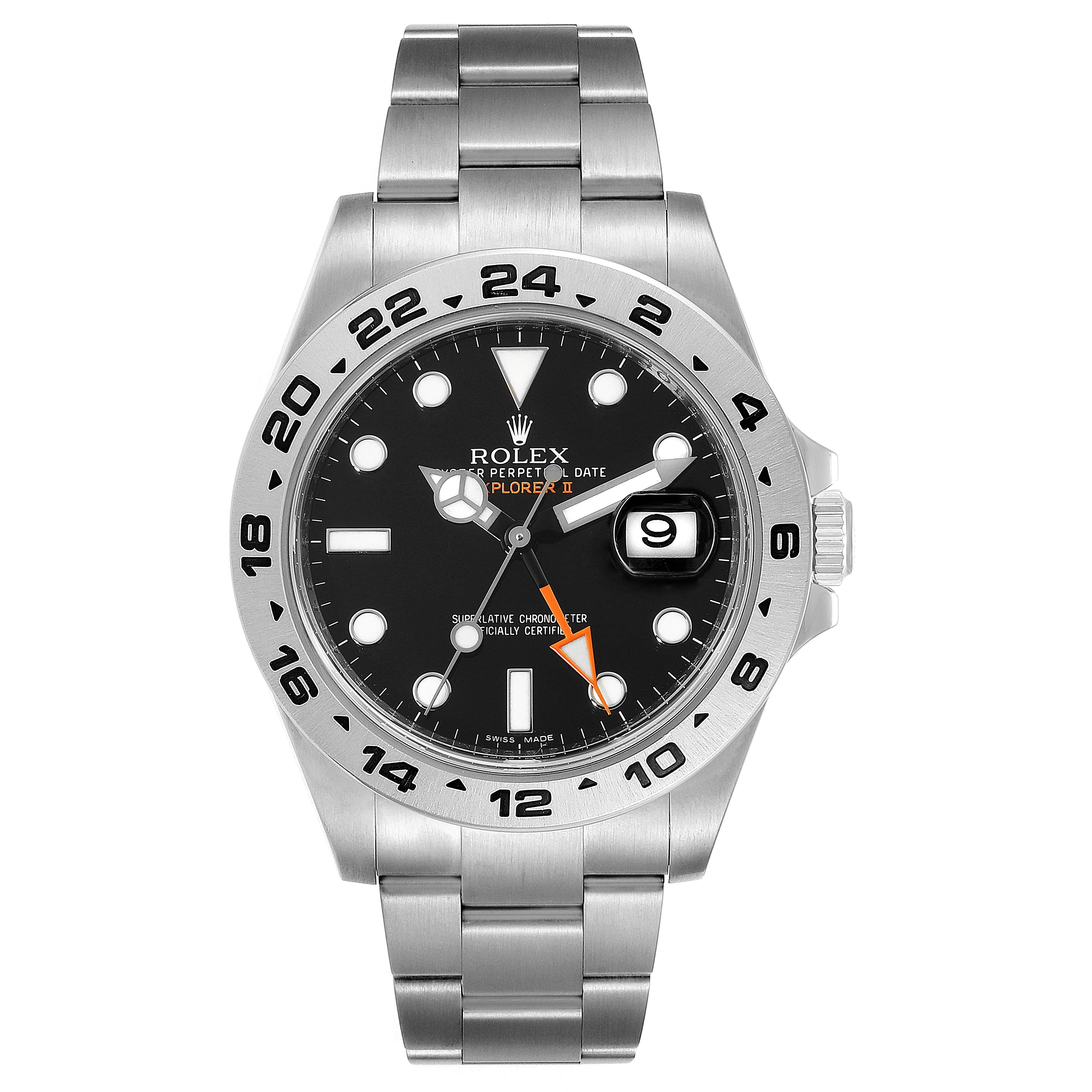 The image shows a frontal view of a Rolex Explorer 216570 Men
s Stainless Steel Black Dial 216570 Men
s Stainless Steel Black Dial watch with a black dial, date window, and stainless steel bracelet.
