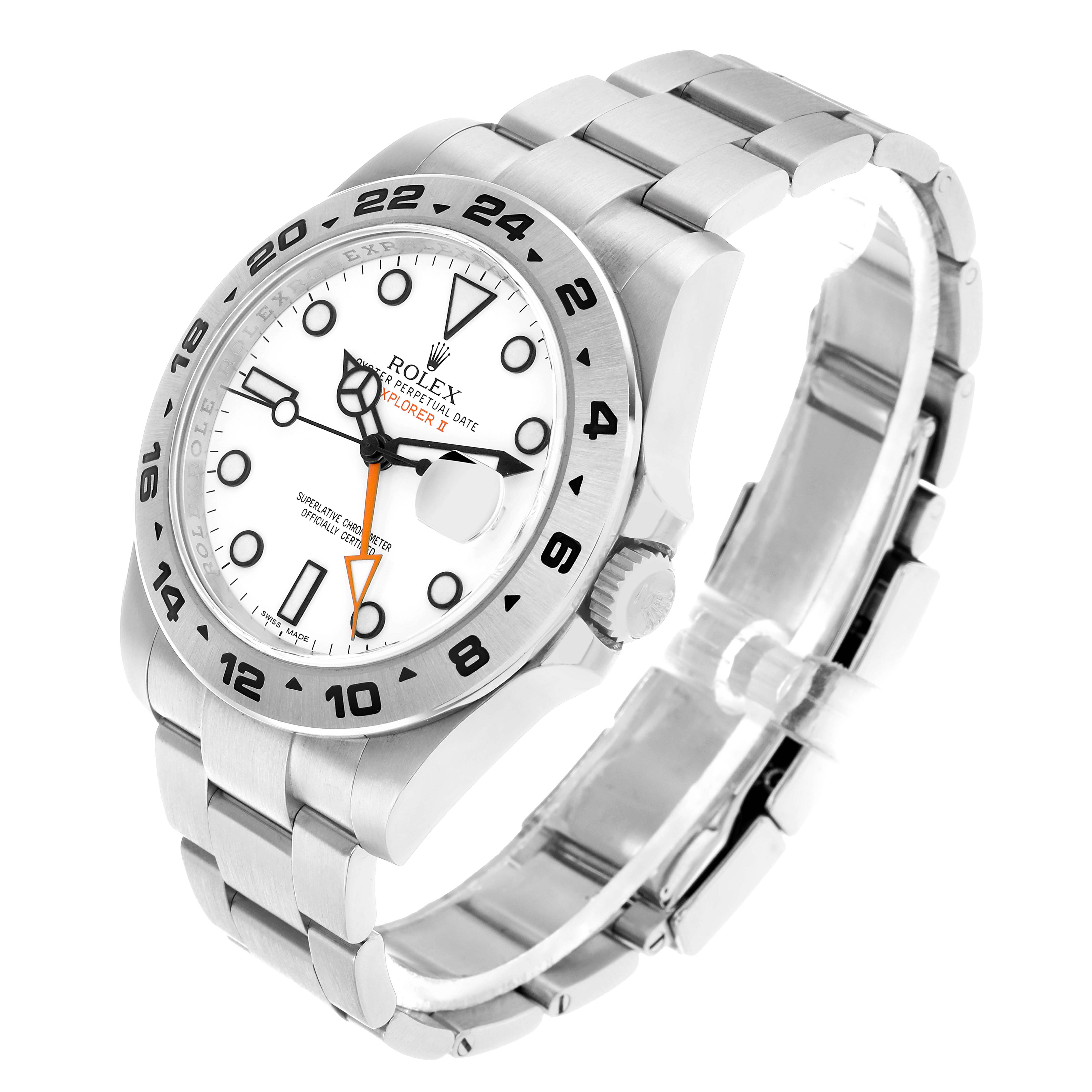The Rolex Explorer 216570 Men's Stainless Steel White Dial model watch is shown at a three-quarter angle, highlighting the face, bezel, and bracelet.